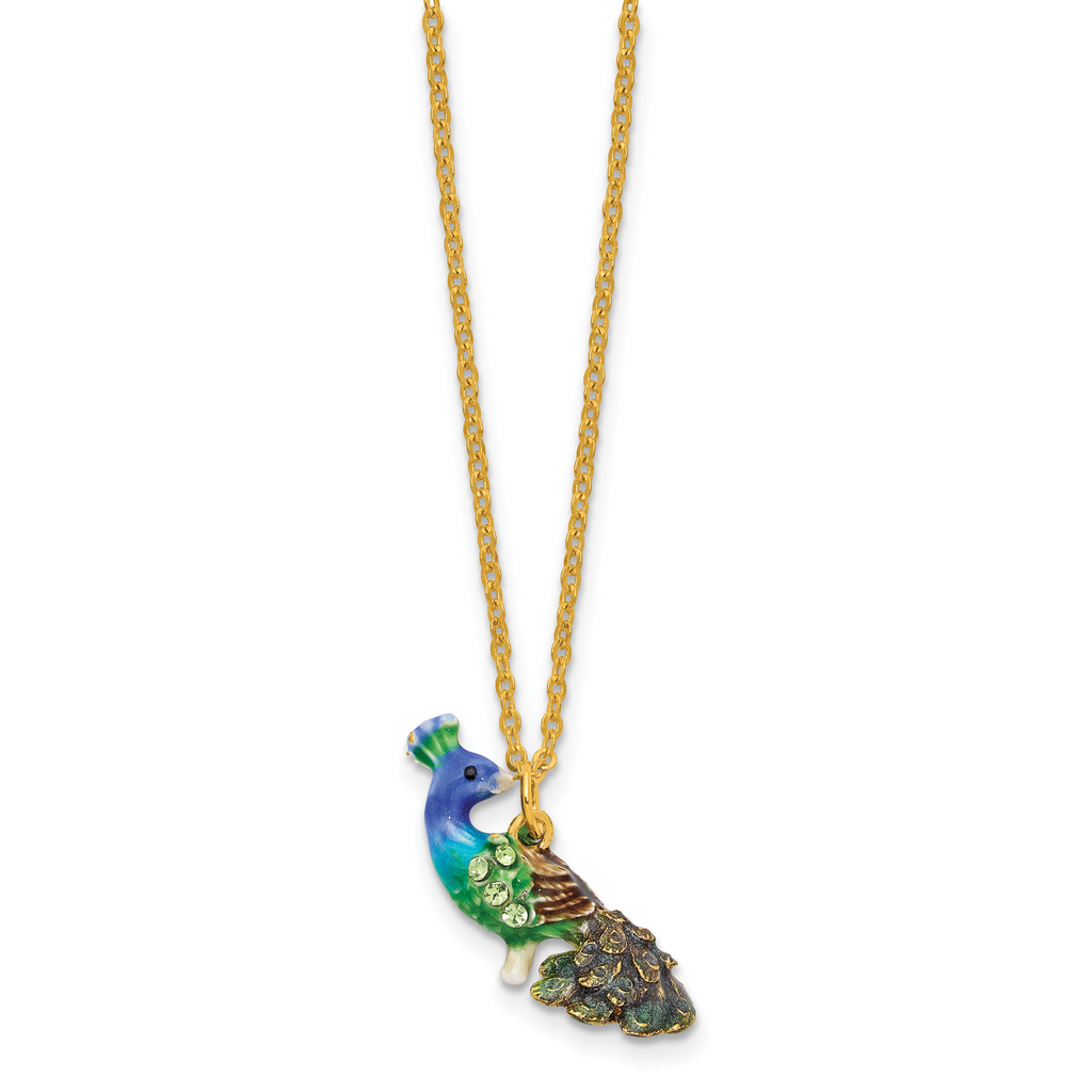 Luxury Giftware by Jere Bejeweled BLUEBELL Peacock on Branch Trinket Box with Matching 18 inch Necklace