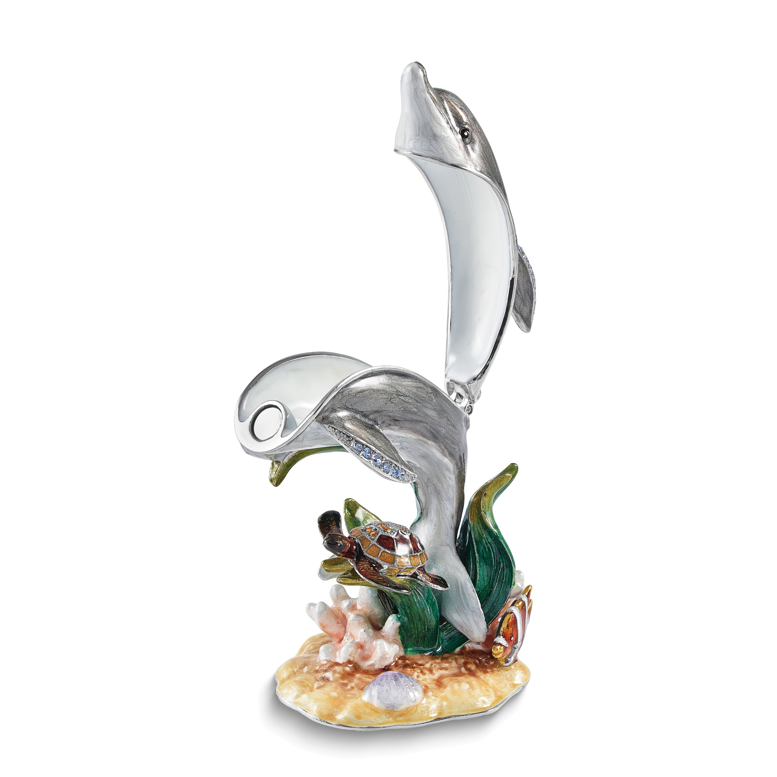Luxury Giftware by Jere Bejeweled TRANQUIL REEF Dolphin with Turtle and Fish Trinket Box with Matching 18 inch Necklace