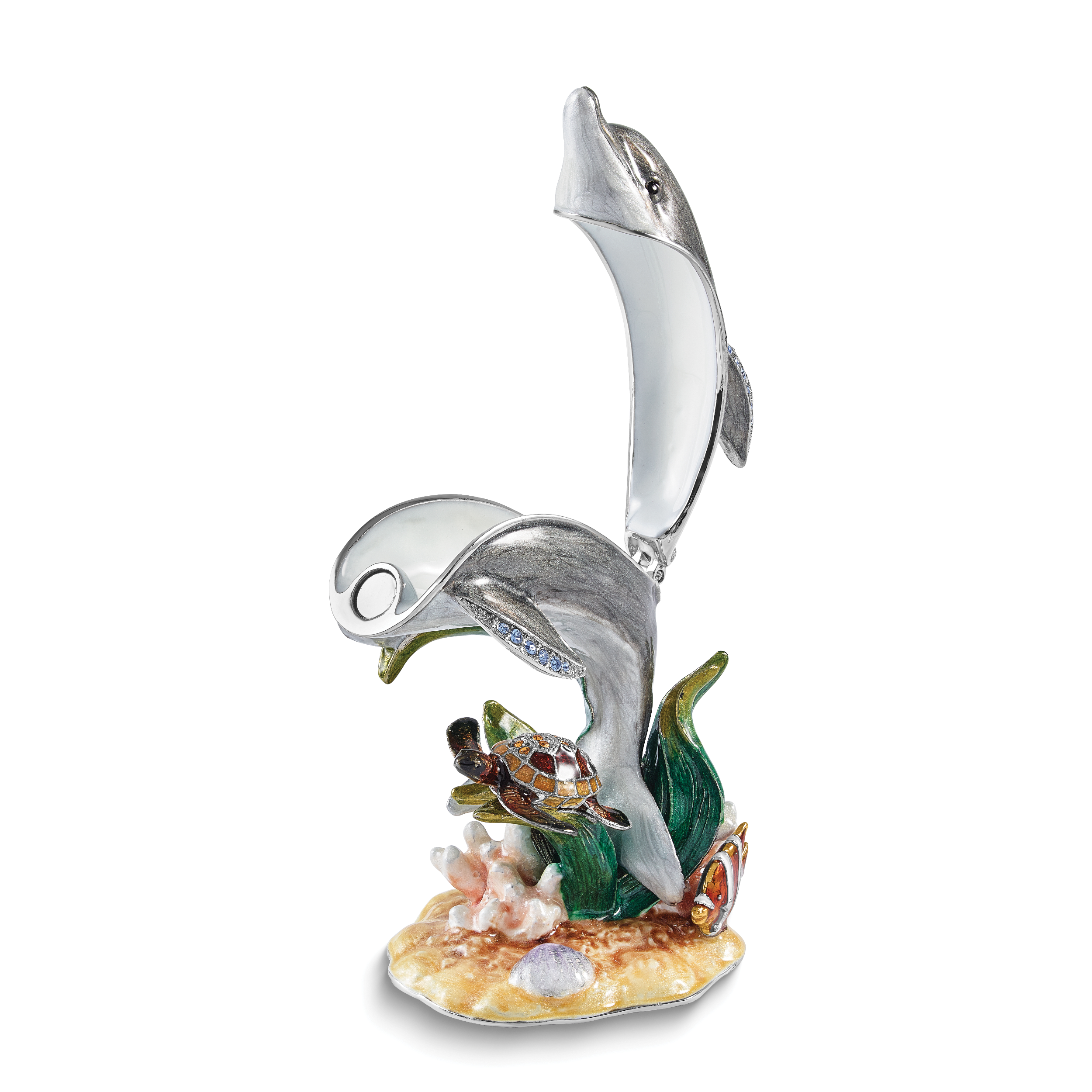 Luxury Giftware by Jere Bejeweled TRANQUIL REEF Dolphin with Turtle and Fish Trinket Box with Matching 18 inch Necklace