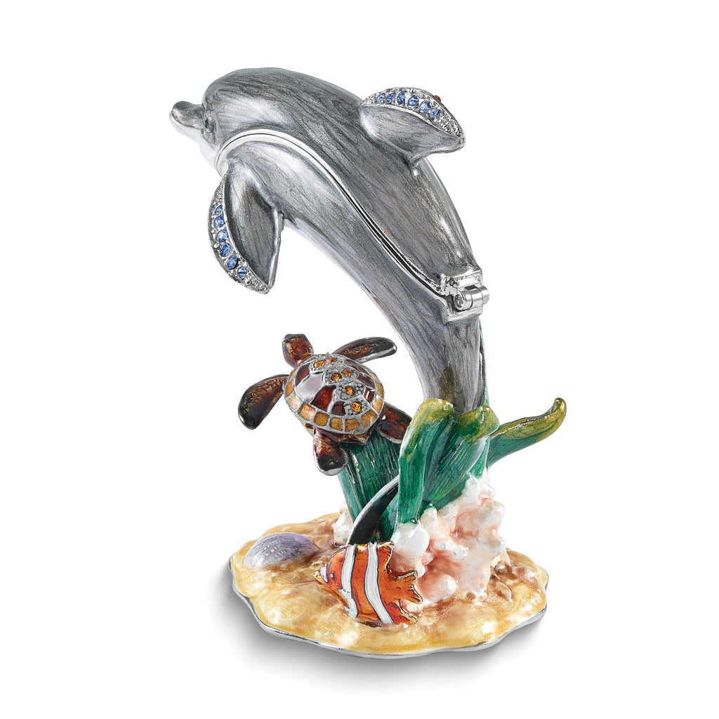 Luxury Giftware by Jere Bejeweled TRANQUIL REEF Dolphin with Turtle and Fish Trinket Box with Matching 18 inch Necklace
