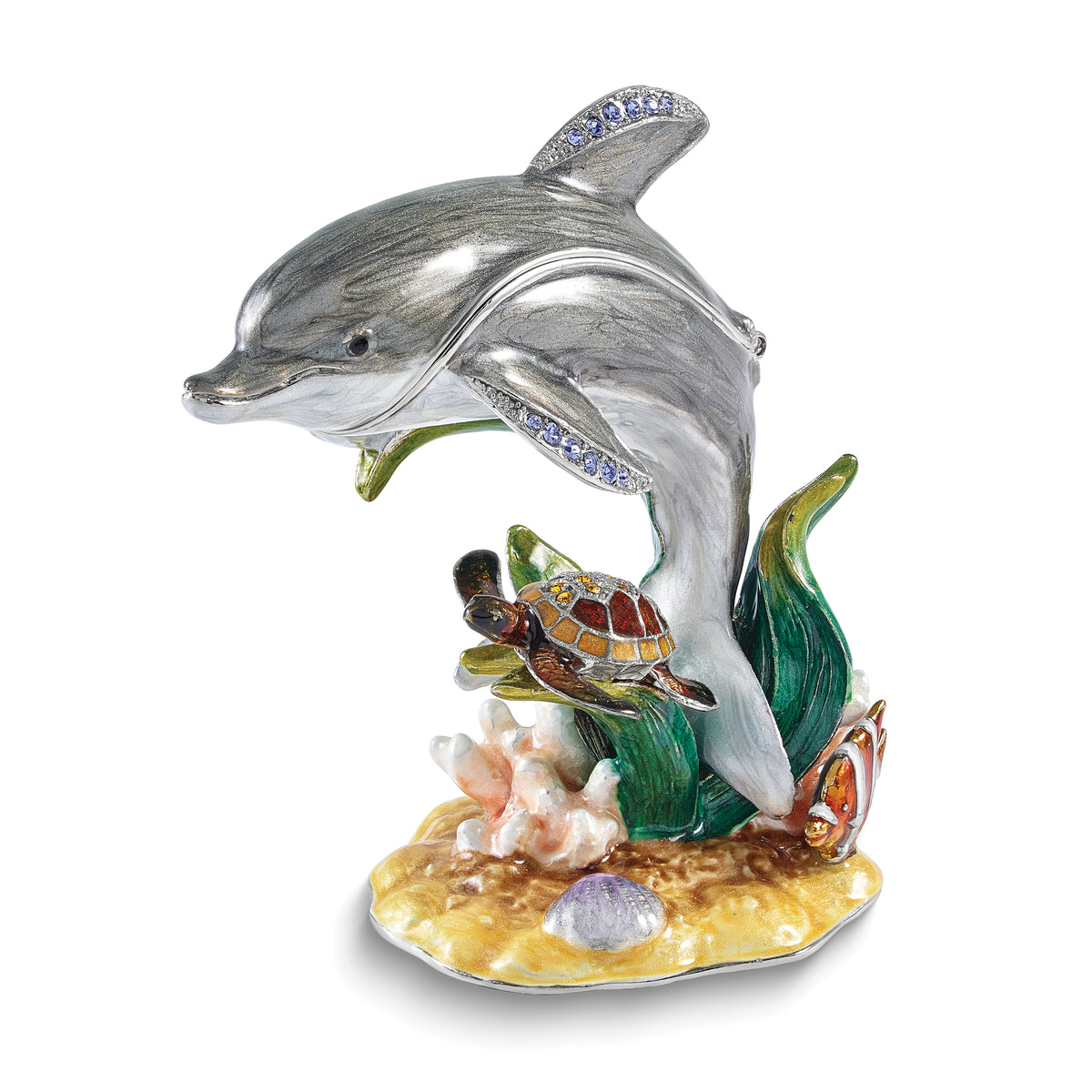 Luxury Giftware by Jere Bejeweled TRANQUIL REEF Dolphin with Turtle and Fish Trinket Box with Matching 18 inch Necklace