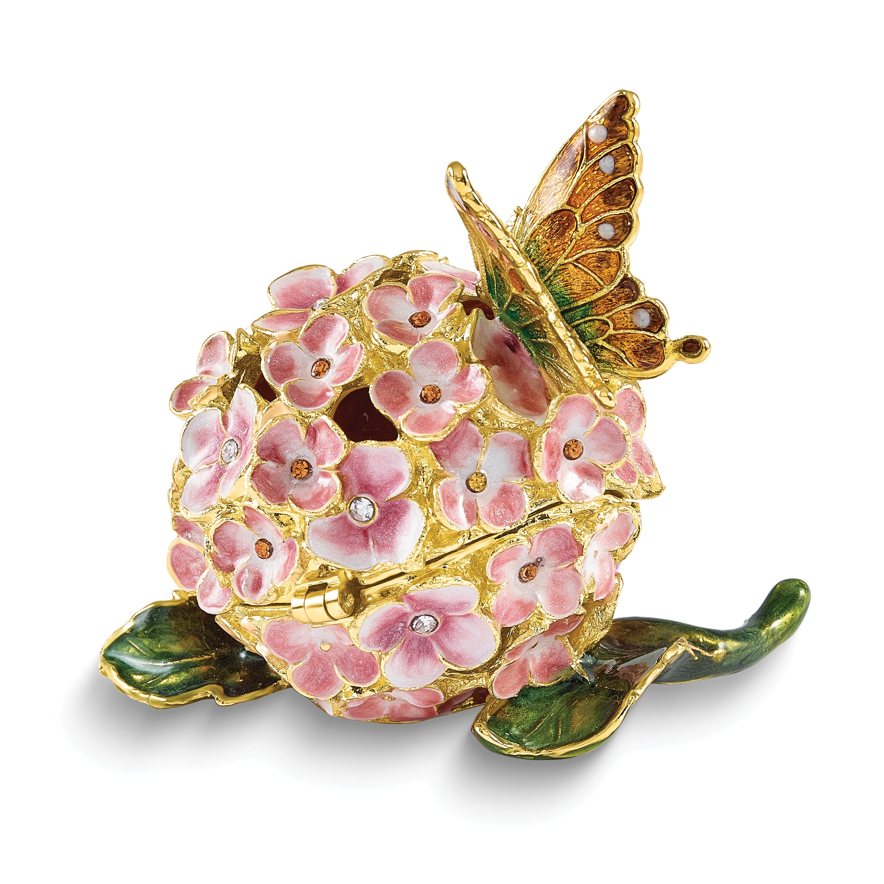 Luxury Giftware by Jere Bejeweled BASHFUL Butterfly on Hydrangea Trinket Box with Matching 18 inch Necklace