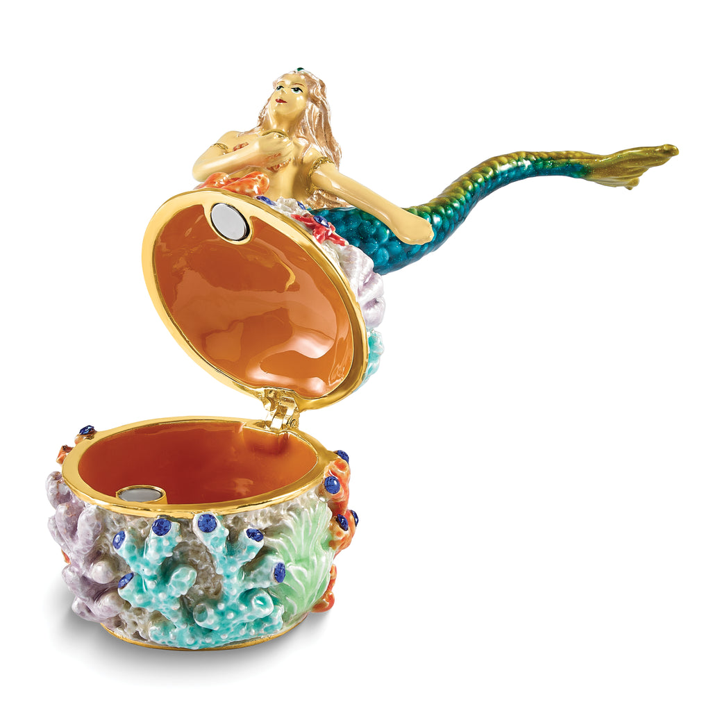 Luxury Giftware by Jere Bejeweled NERISSA Mermaid on Coral Trinket Box with Matching 18 inch Necklace