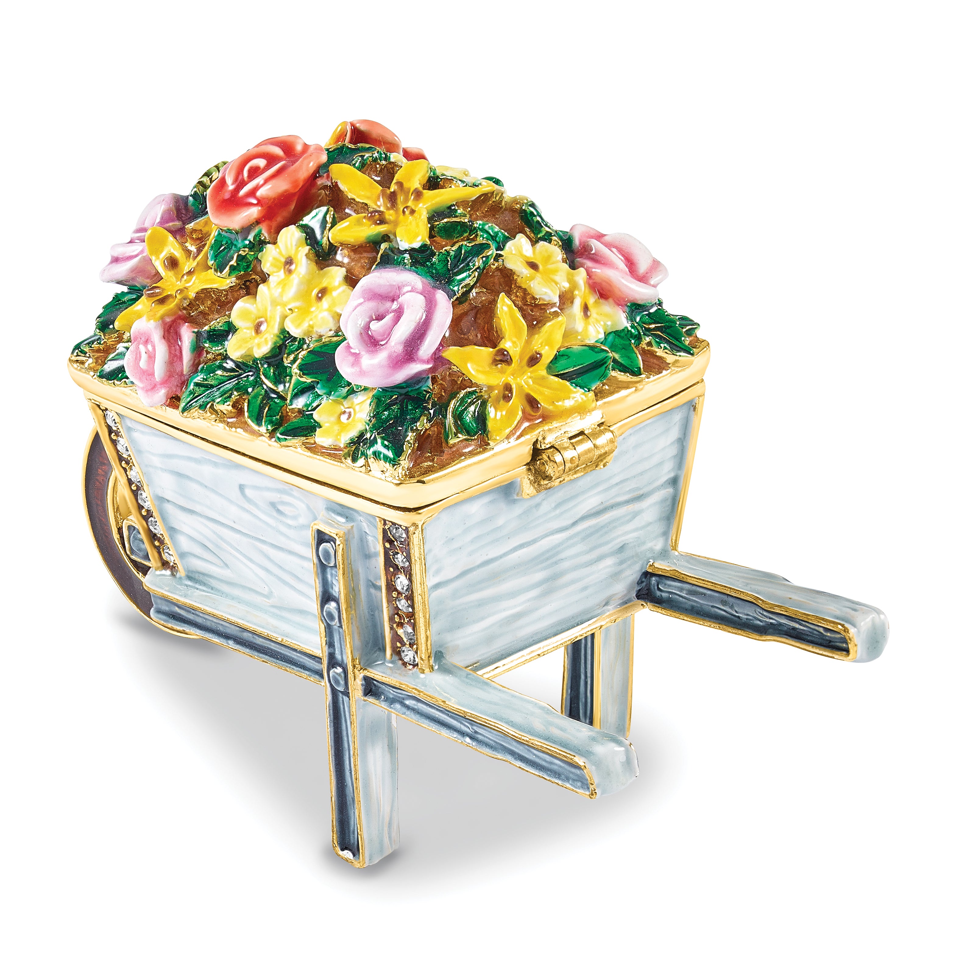 Luxury Giftware by Jere Bejeweled BLOSSOMS Flowers in Wheelbarrow Trinket Box with Matching 18 inch Necklace