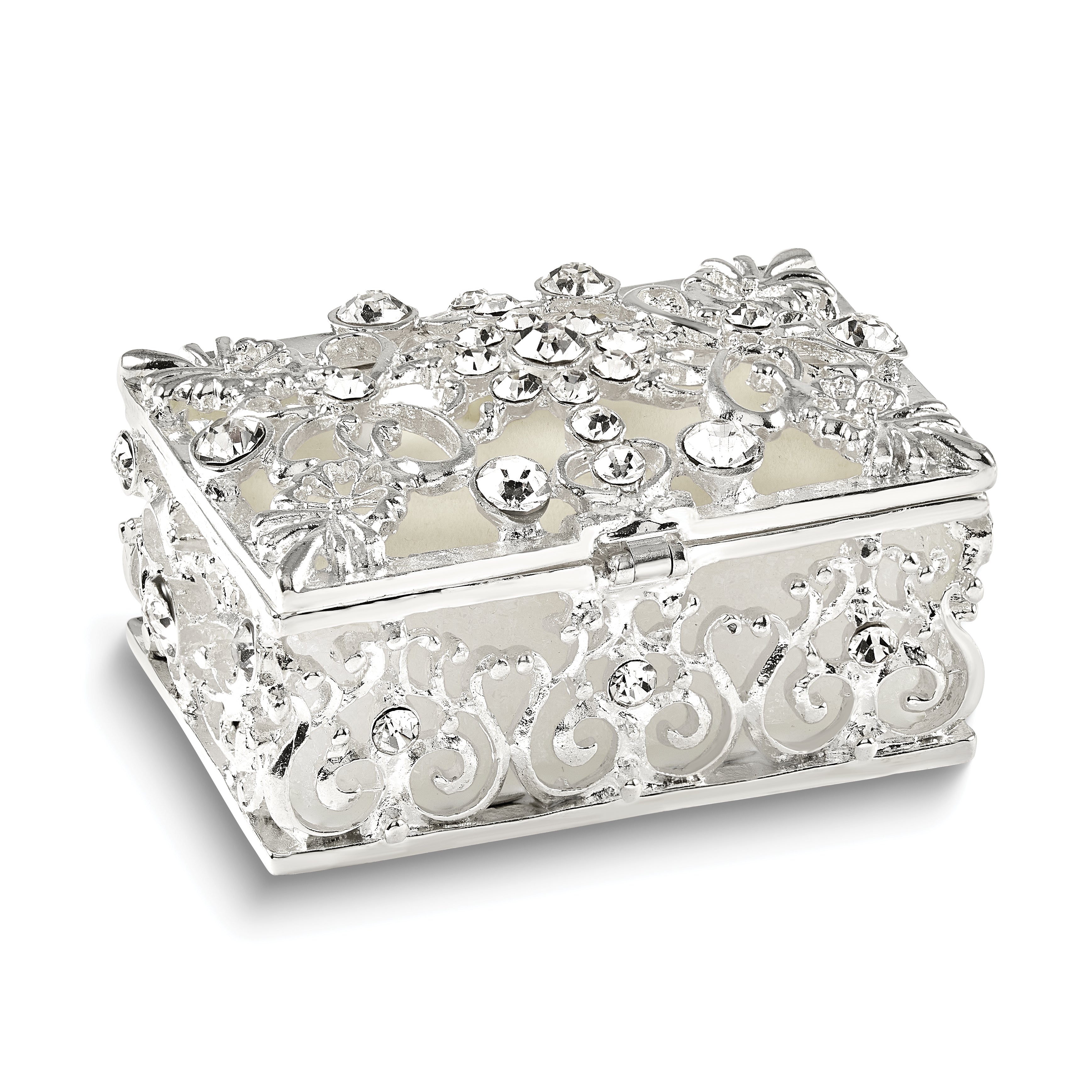 Luxury Giftware by Jere Bejeweled ALLURING Rectangle Silver-tone Heart Trinket Box with Matching 18 inch Necklace