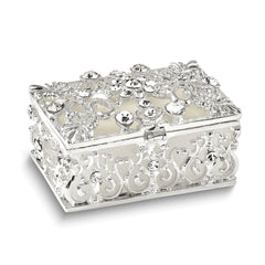 Luxury Giftware by Jere Bejeweled ALLURING Rectangle Silver-tone Heart Trinket Box with Matching 18 inch Necklace