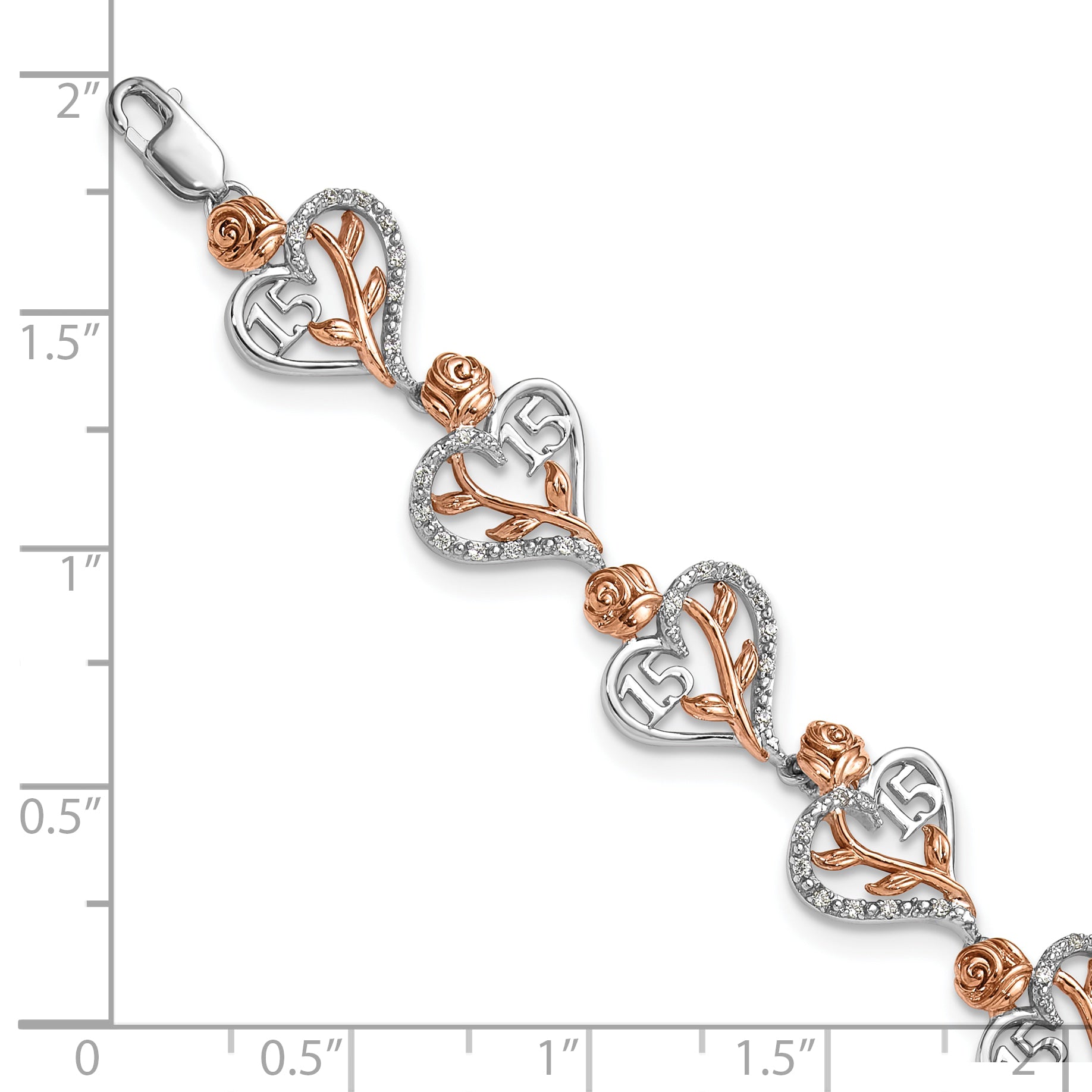 14K White and Rose Gold Complete 1/3 carat Diamond 15 and Rose Quinceanera Heart 7 inch Bracelet