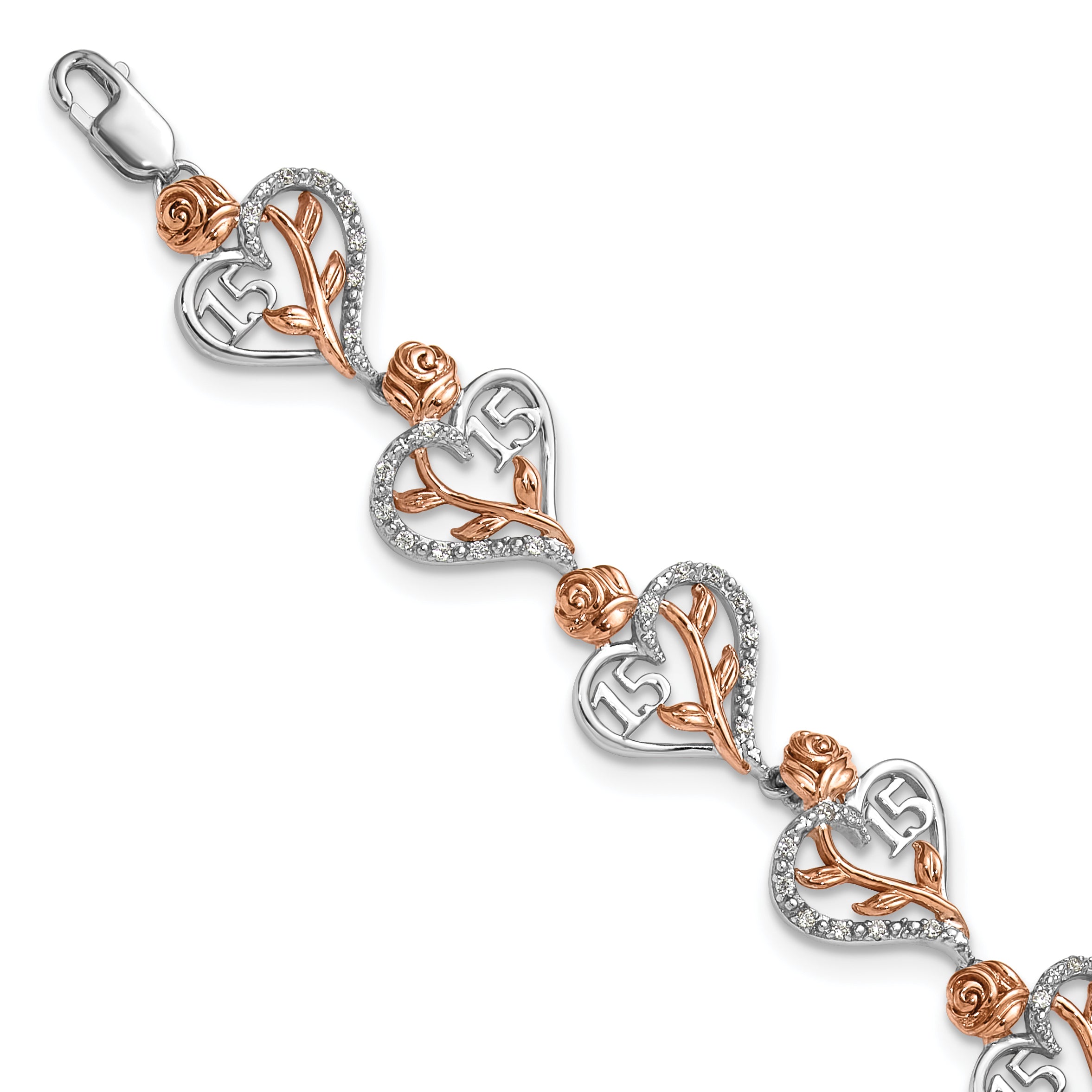 14K White and Rose Gold Complete 1/3 carat Diamond 15 and Rose Quinceanera Heart 7 inch Bracelet Main image
