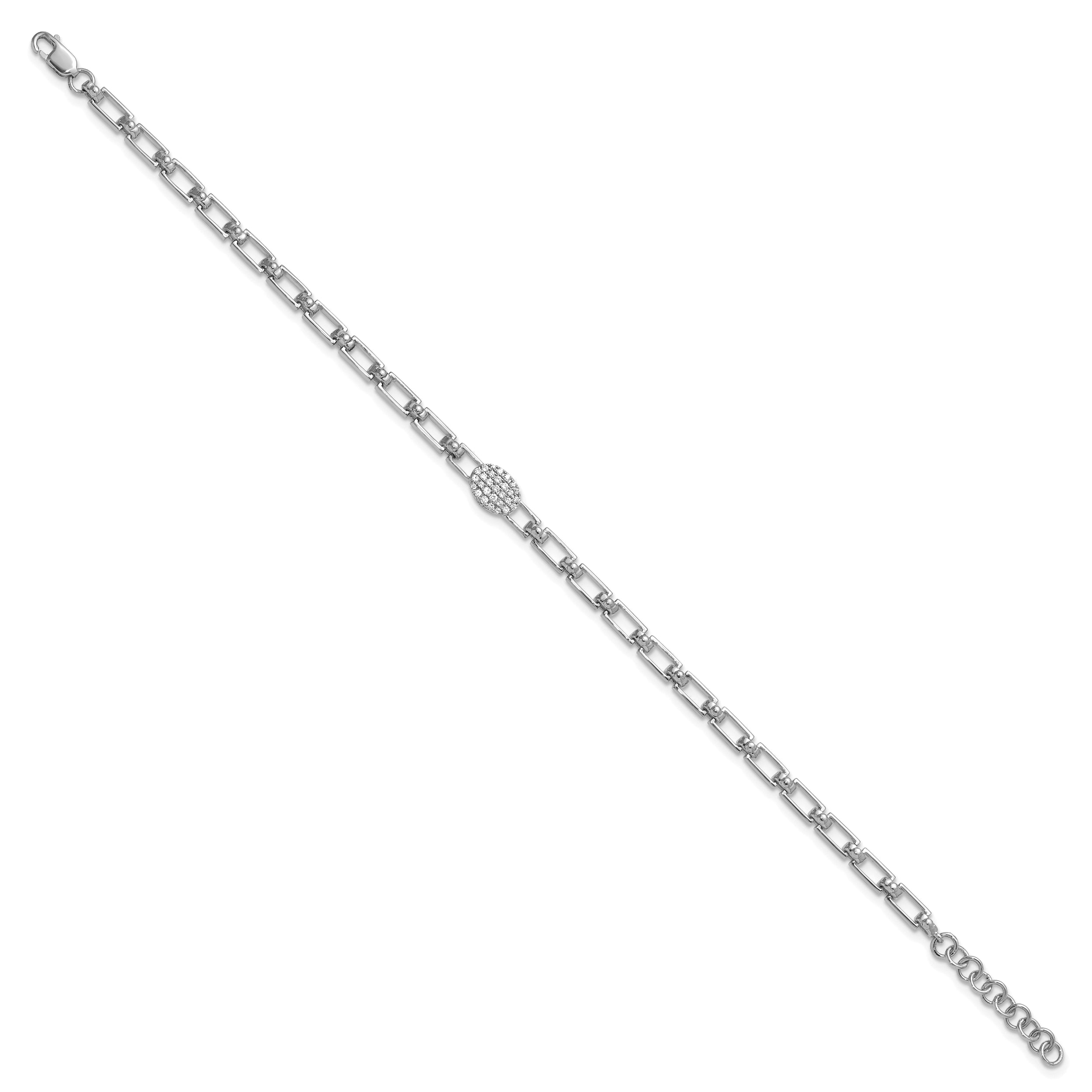 14K White Gold Polished Complete 1/8 carat Diamond Oval Cluster Fancy Link 7 inch Bracelet with 1 inch Extender