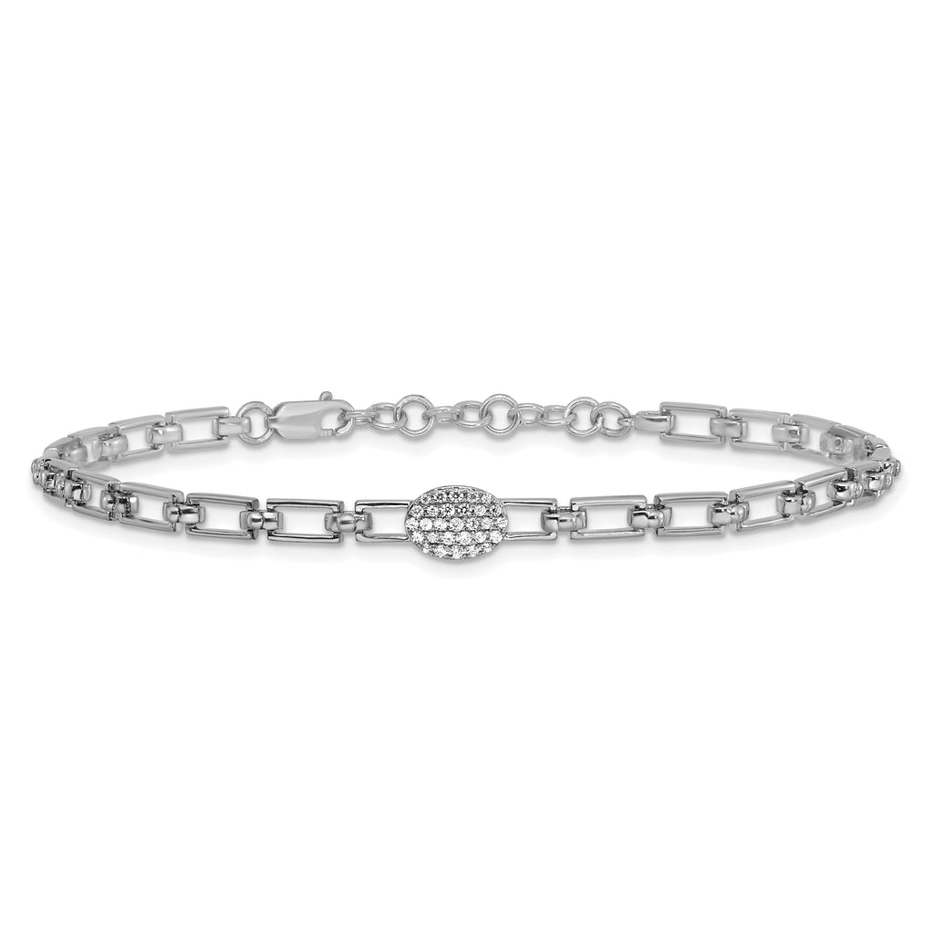 14K White Gold Polished Complete 1/8 carat Diamond Oval Cluster Fancy Link 7 inch Bracelet with 1 inch Extender