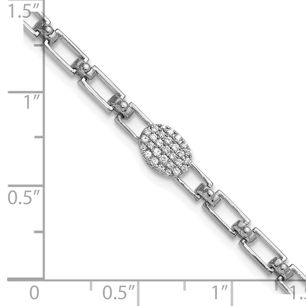 14K White Gold Polished Complete 1/8 carat Diamond Oval Cluster Fancy Link 7 inch Bracelet with 1 inch Extender