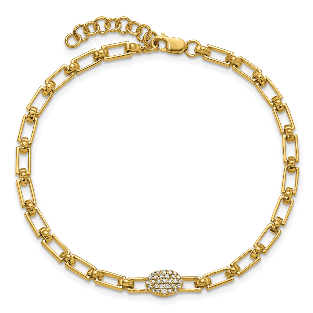 14K Polished Complete 1/8 carat Diamond Oval Cluster Fancy Link 7 inch Bracelet with 1 inch Extender