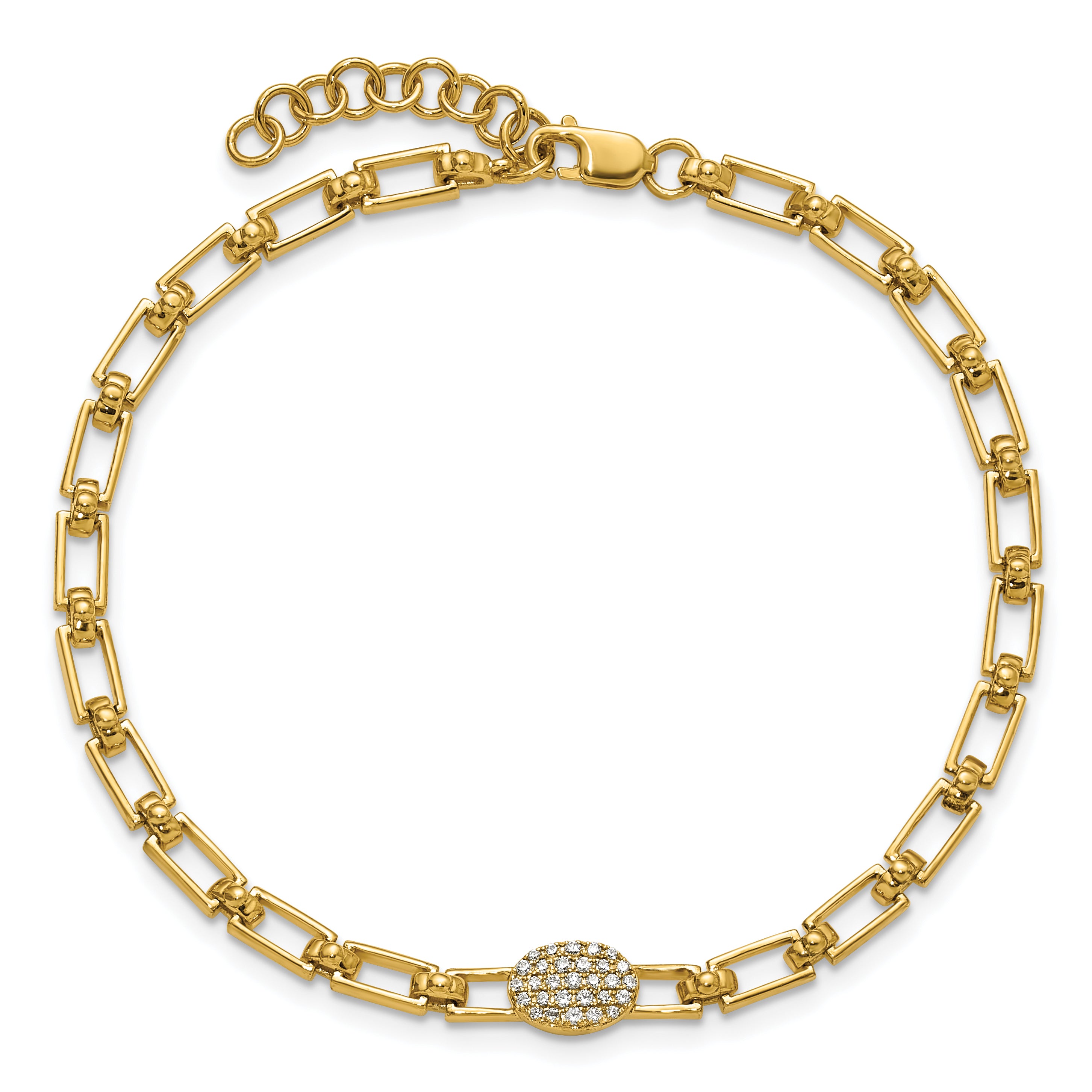 14K Polished Complete 1/8 carat Diamond Oval Cluster Fancy Link 7 inch Bracelet with 1 inch Extender
