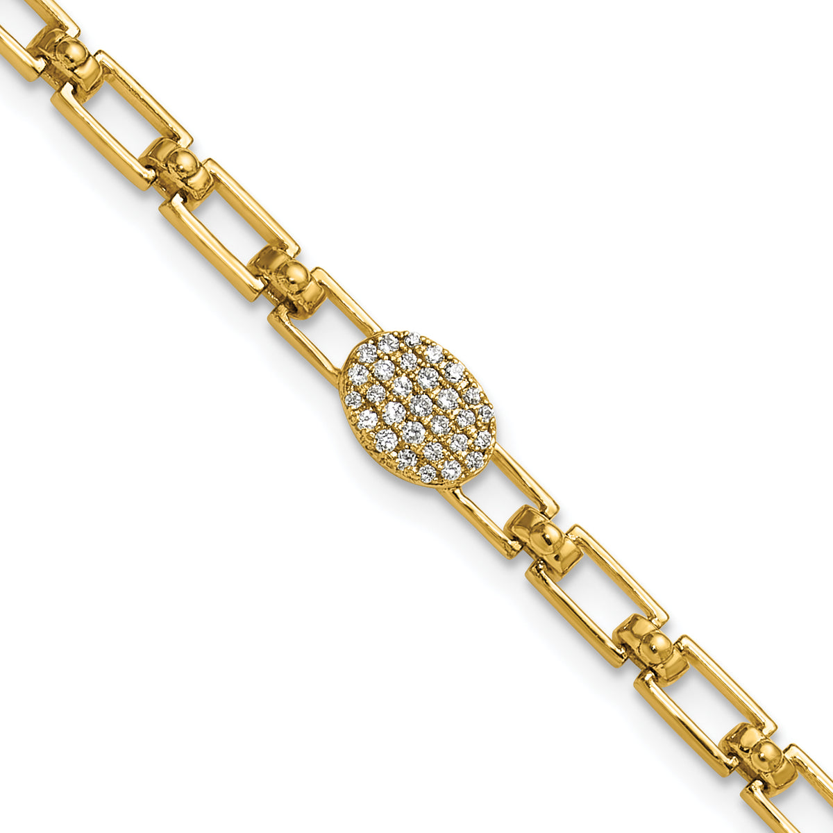14K Polished Complete 1/8 carat Diamond Oval Cluster Fancy Link 7 inch Bracelet with 1 inch Extender