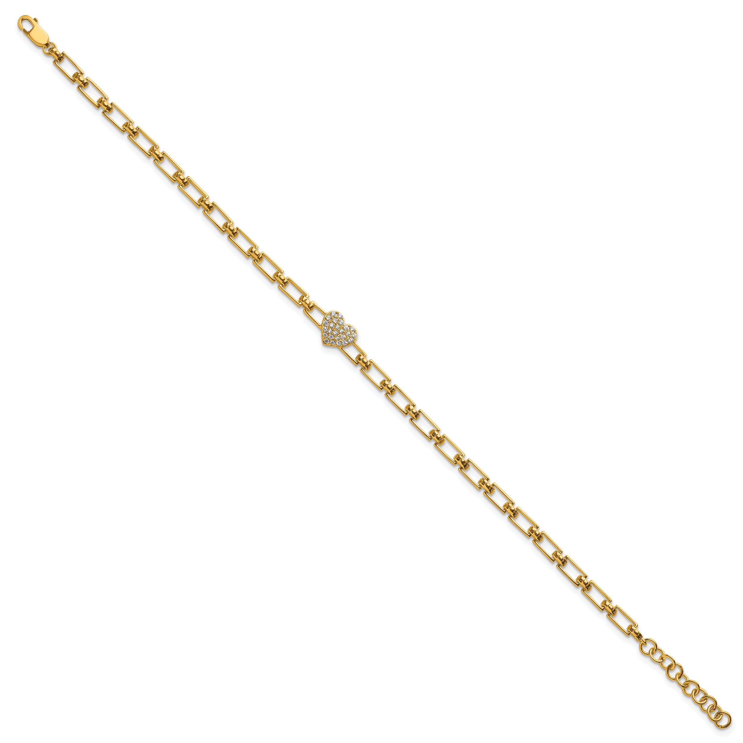 14K Polished Complete 1/6 carat Diamond Heart Cluster Fancy Link 7 inch Bracelet with 1 inch Extender