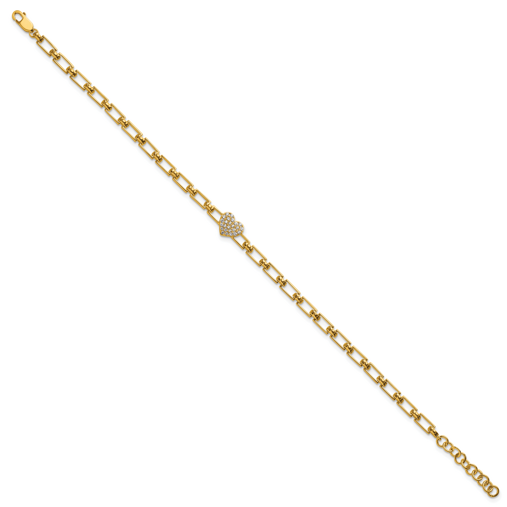 14K Polished Complete 1/6 carat Diamond Heart Cluster Fancy Link 7 inch Bracelet with 1 inch Extender