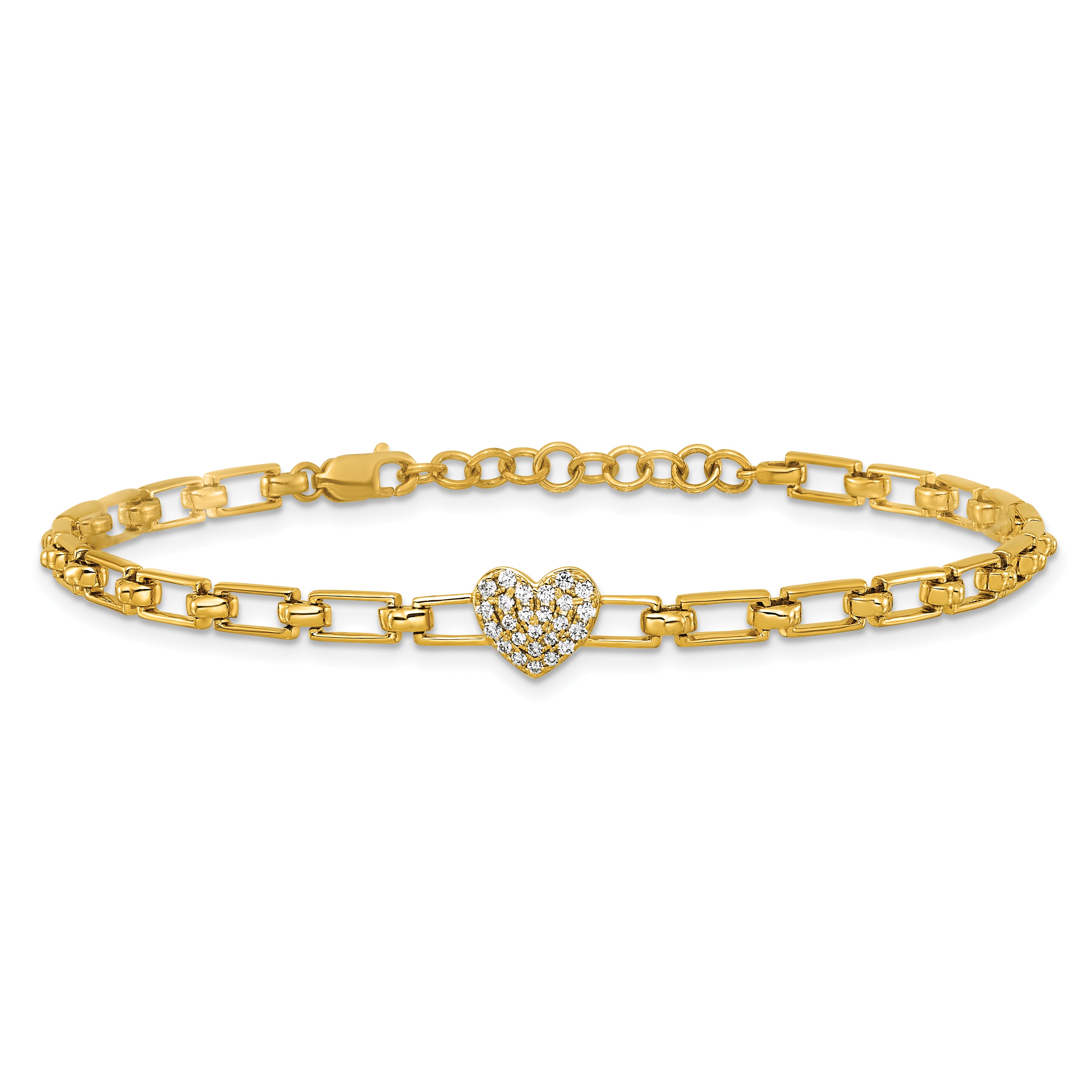 14K Polished Complete 1/6 carat Diamond Heart Cluster Fancy Link 7 inch Bracelet with 1 inch Extender