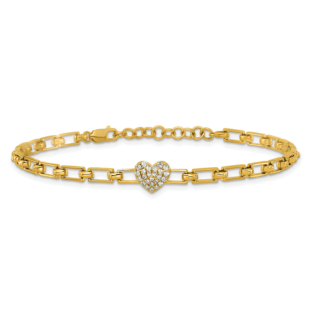14K Polished Complete 1/6 carat Diamond Heart Cluster Fancy Link 7 inch Bracelet with 1 inch Extender