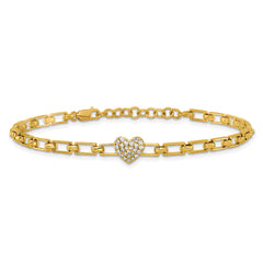 14K Polished Complete 1/6 carat Diamond Heart Cluster Fancy Link 7 inch Bracelet with 1 inch Extender