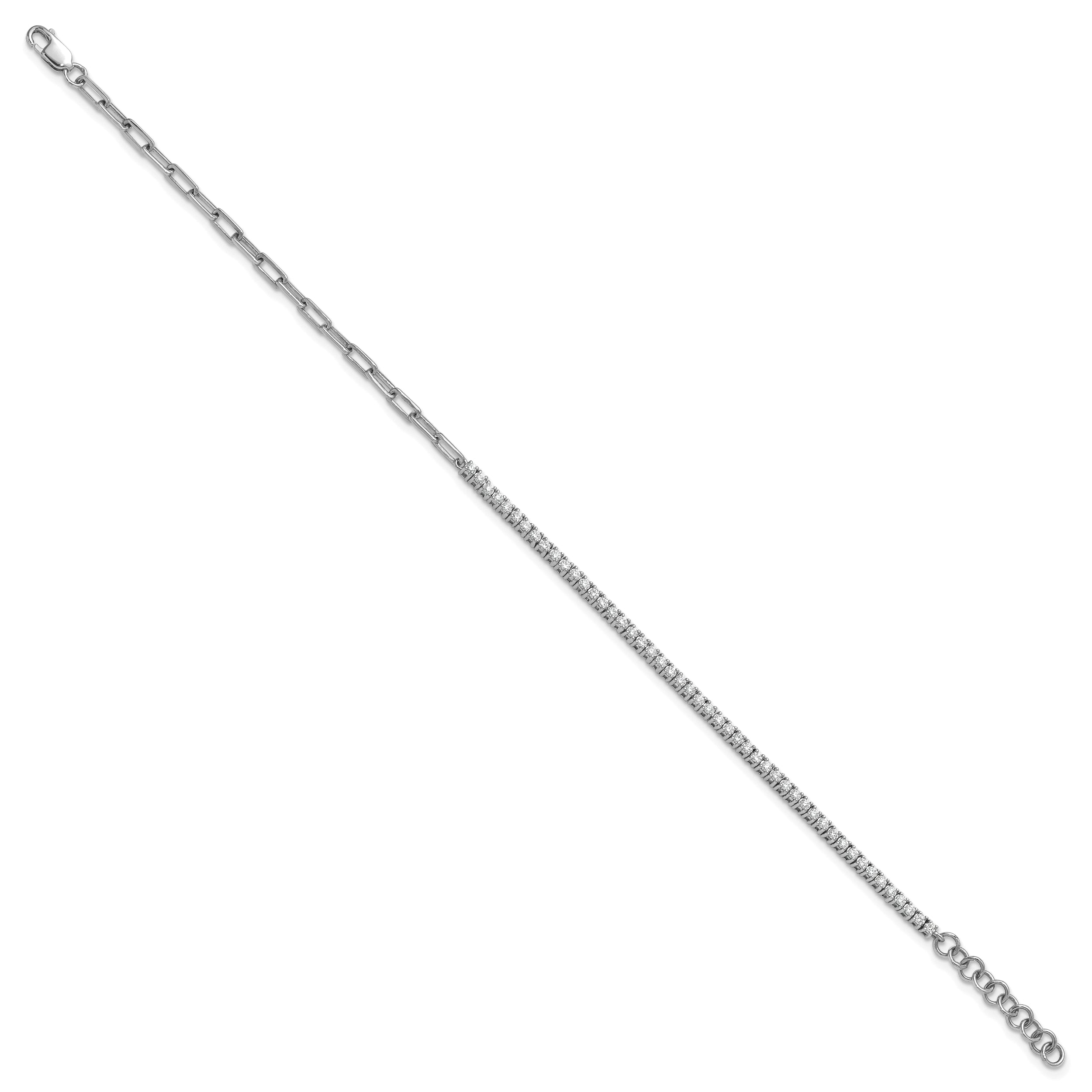 14K White Gold Polished Complete 3/4 carat Diamond Paperclip Link 7 inch Bracelet with 1 inch Extender