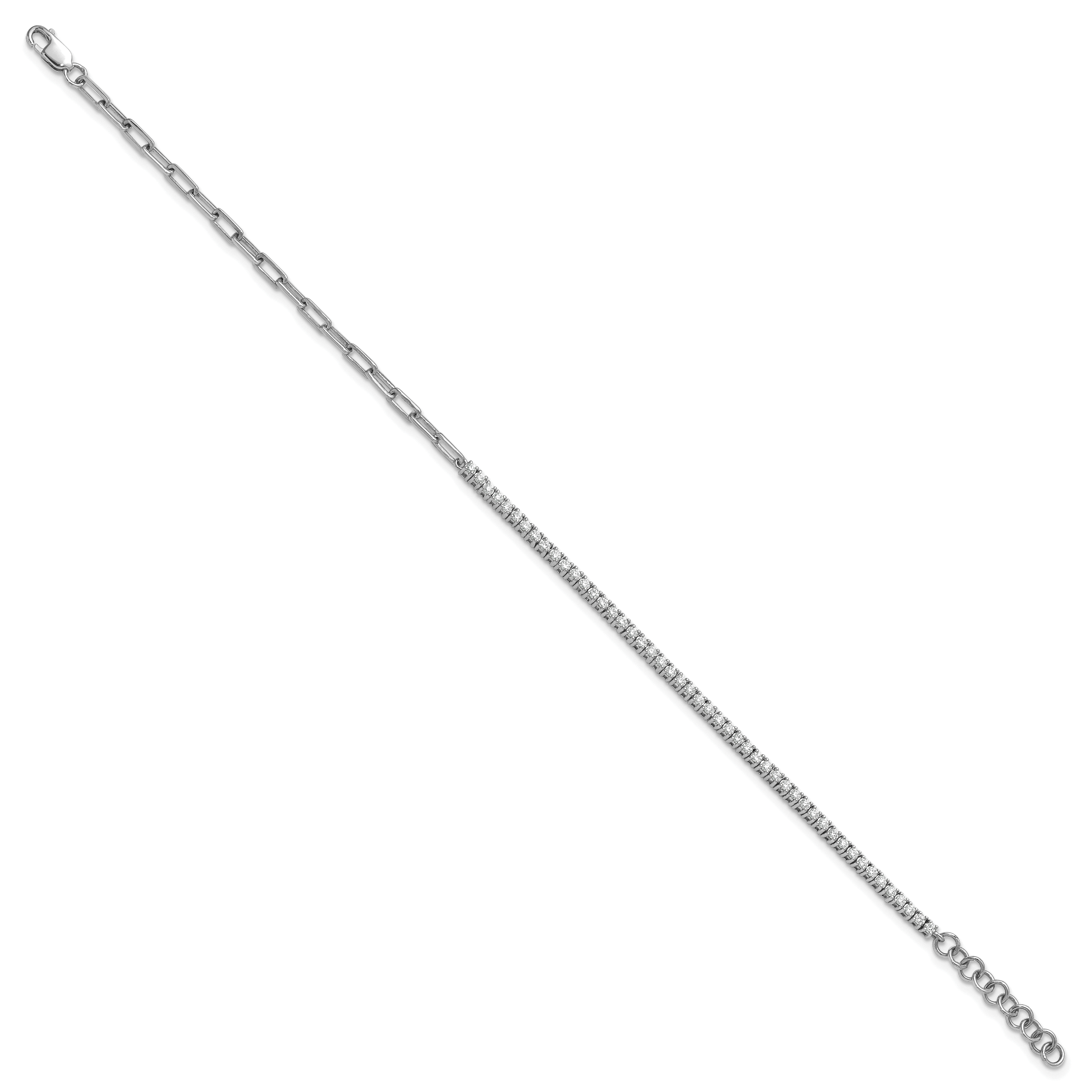 14K White Gold Polished Complete 3/4 carat Diamond Paperclip Link 7 inch Bracelet with 1 inch Extender