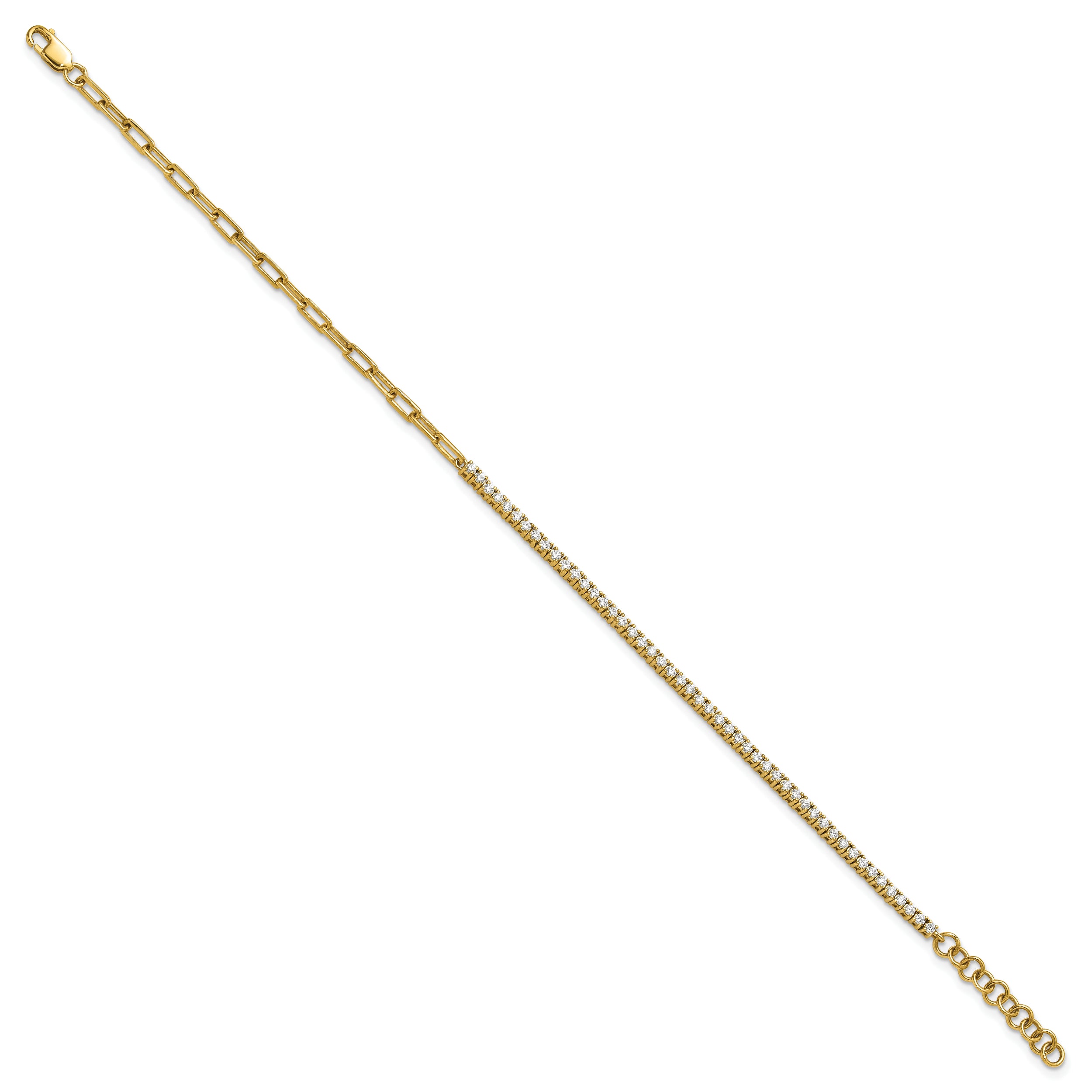 14K Polished Complete 3/4 carat Diamond Paperclip Link 7 inch Bracelet with 1 inch Extender