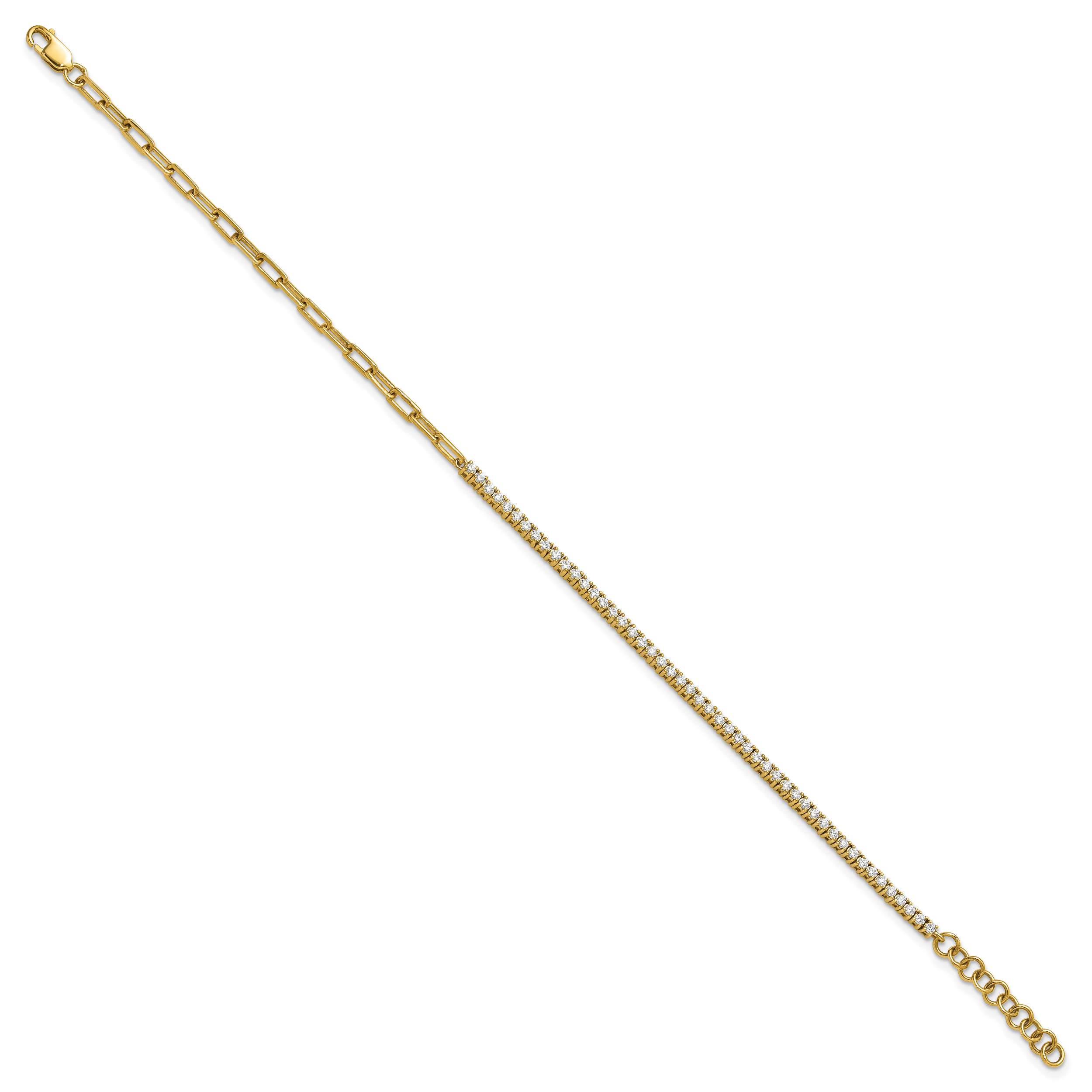 14K Polished Complete 3/4 carat Diamond Paperclip Link 7 inch Bracelet with 1 inch Extender