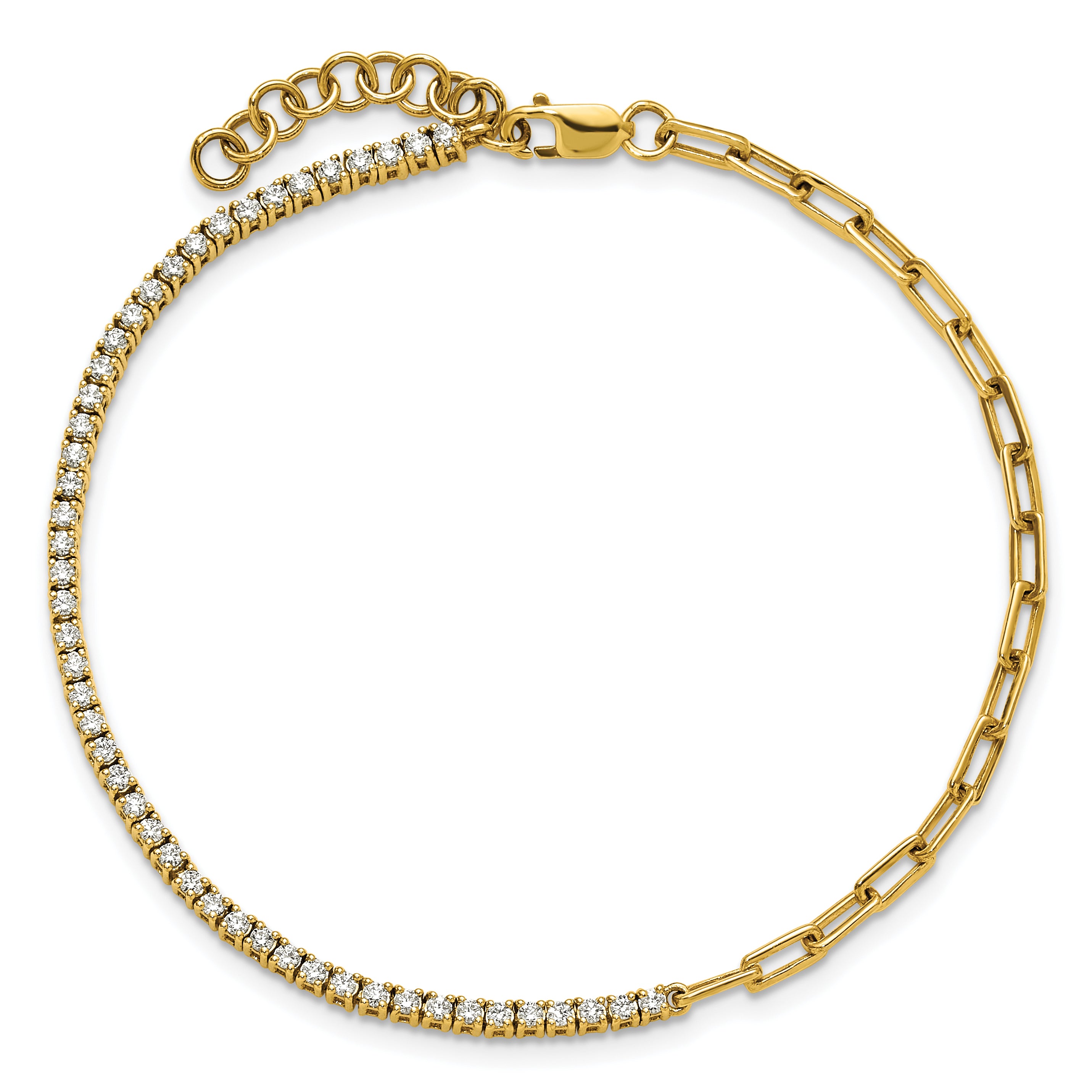 14K Polished Complete 3/4 carat Diamond Paperclip Link 7 inch Bracelet with 1 inch Extender