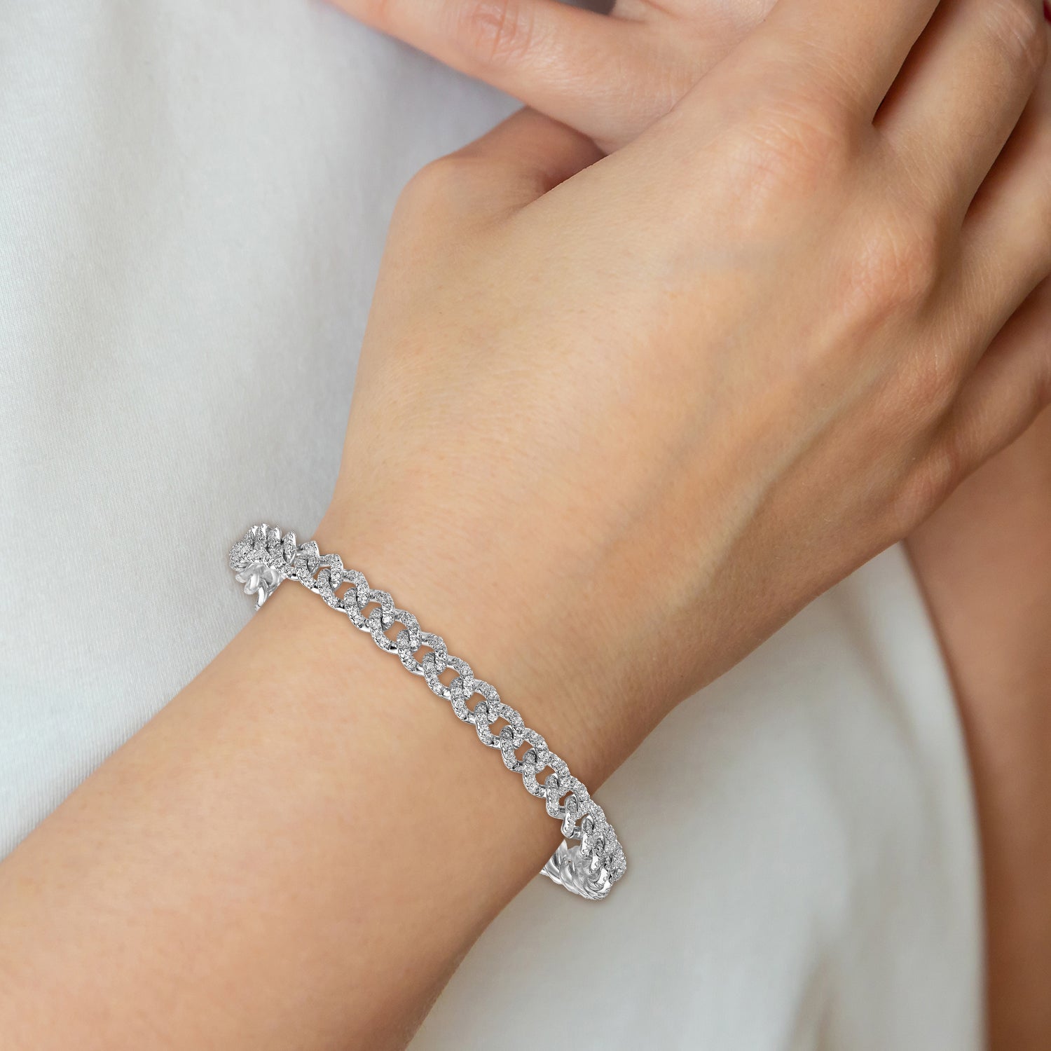 14K White Gold Polished Complete 2.6 carat Diamond Fancy Curb Link 7 inch Bracelet