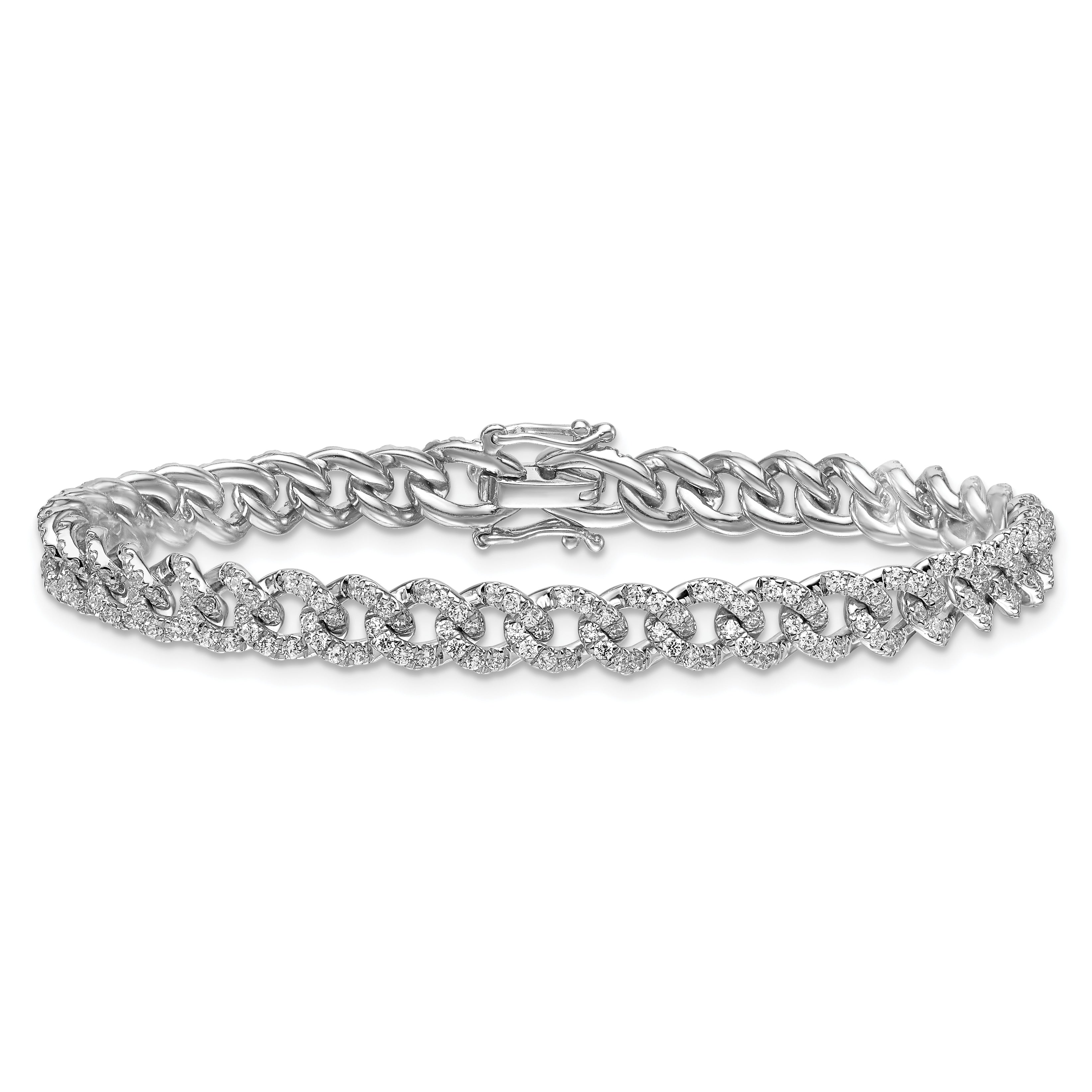 14K White Gold Polished Complete 2.6 carat Diamond Fancy Curb Link 7 inch Bracelet