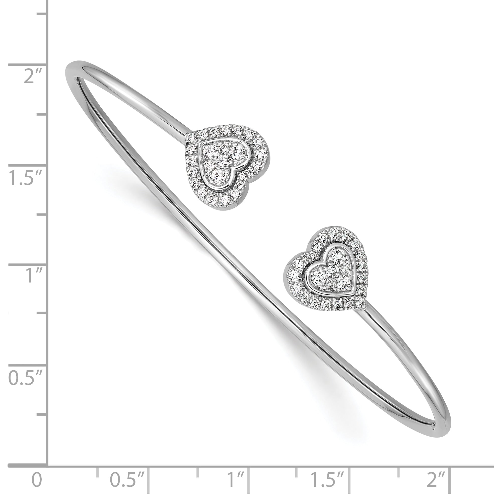 14K White Gold Polished Complete 1/2 carat Diamond Heart Flexible Cuff Bangle Bracelet