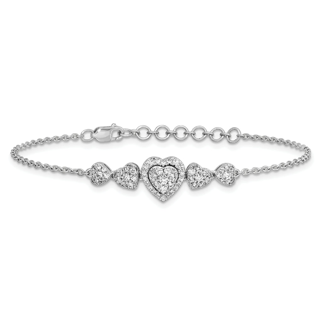 14K White Gold Polished Complete 5/8 carat Diamond Hearts 7 inch Bracelet with 1 inch Extender