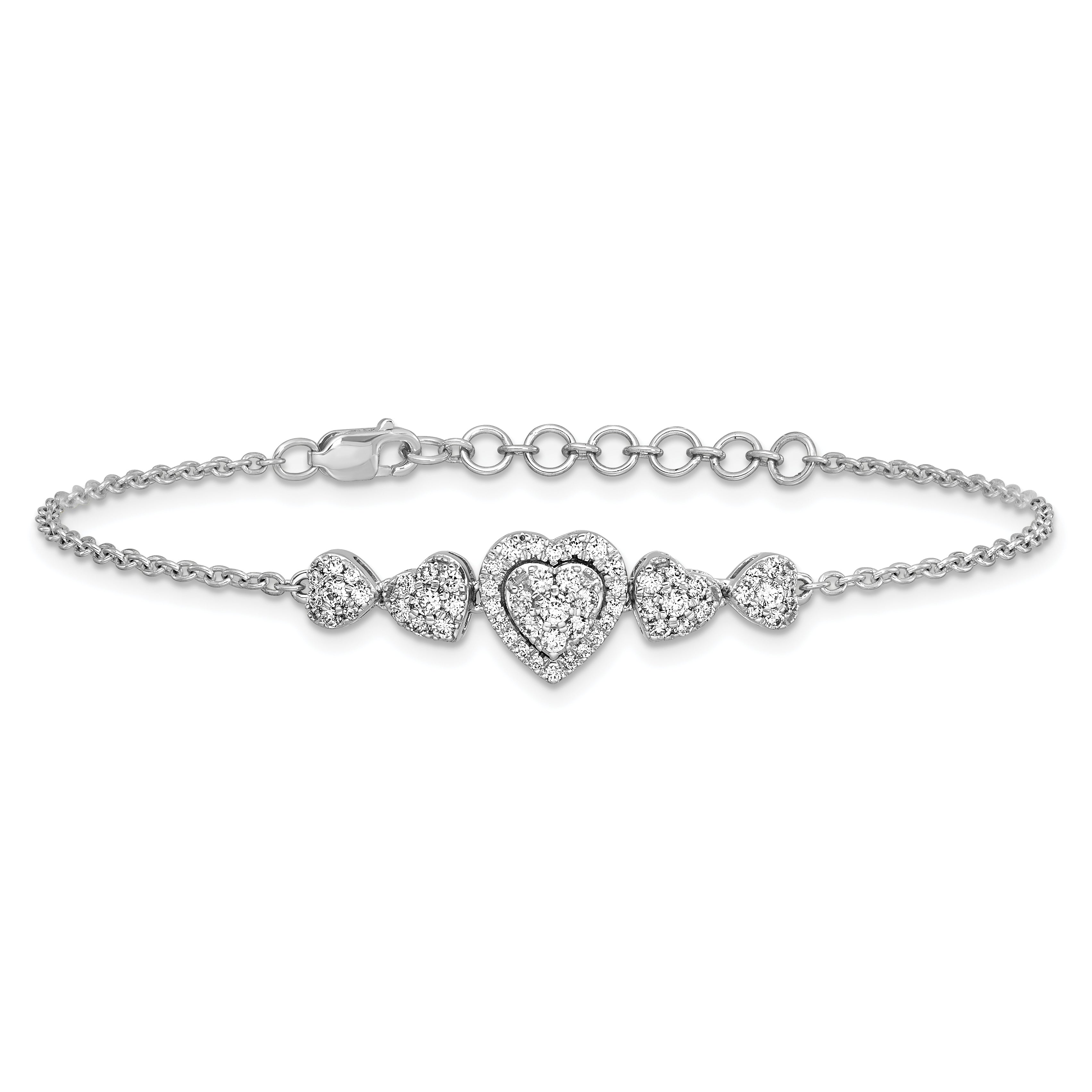 14K White Gold Polished Complete 5/8 carat Diamond Hearts 7 inch Bracelet with 1 inch Extender