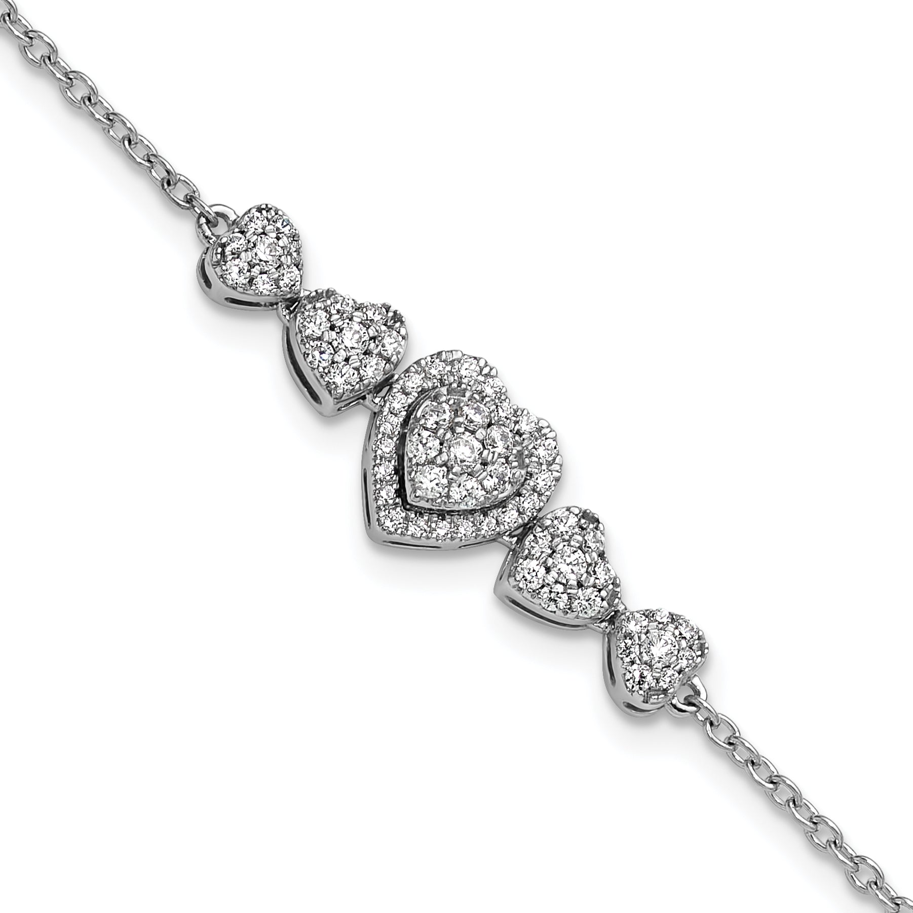 14K White Gold Polished Complete 5/8 carat Diamond Hearts 7 inch Bracelet with 1 inch Extender Main image