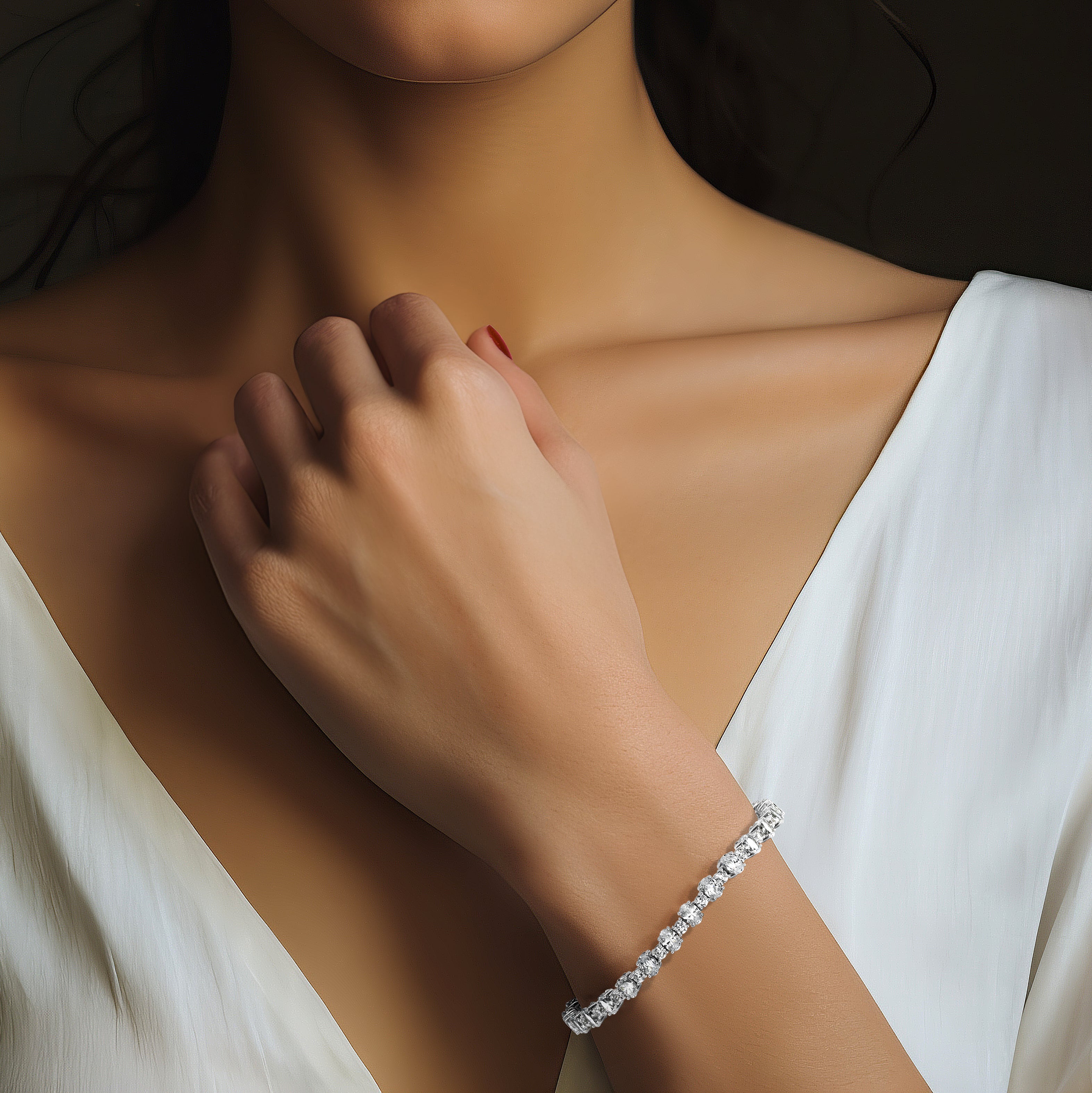 14k White Gold 11 carat Lab Grown Diamond VS+ F+ Complete Oval and Round Tennis Bracelet - Sophia Jewelers