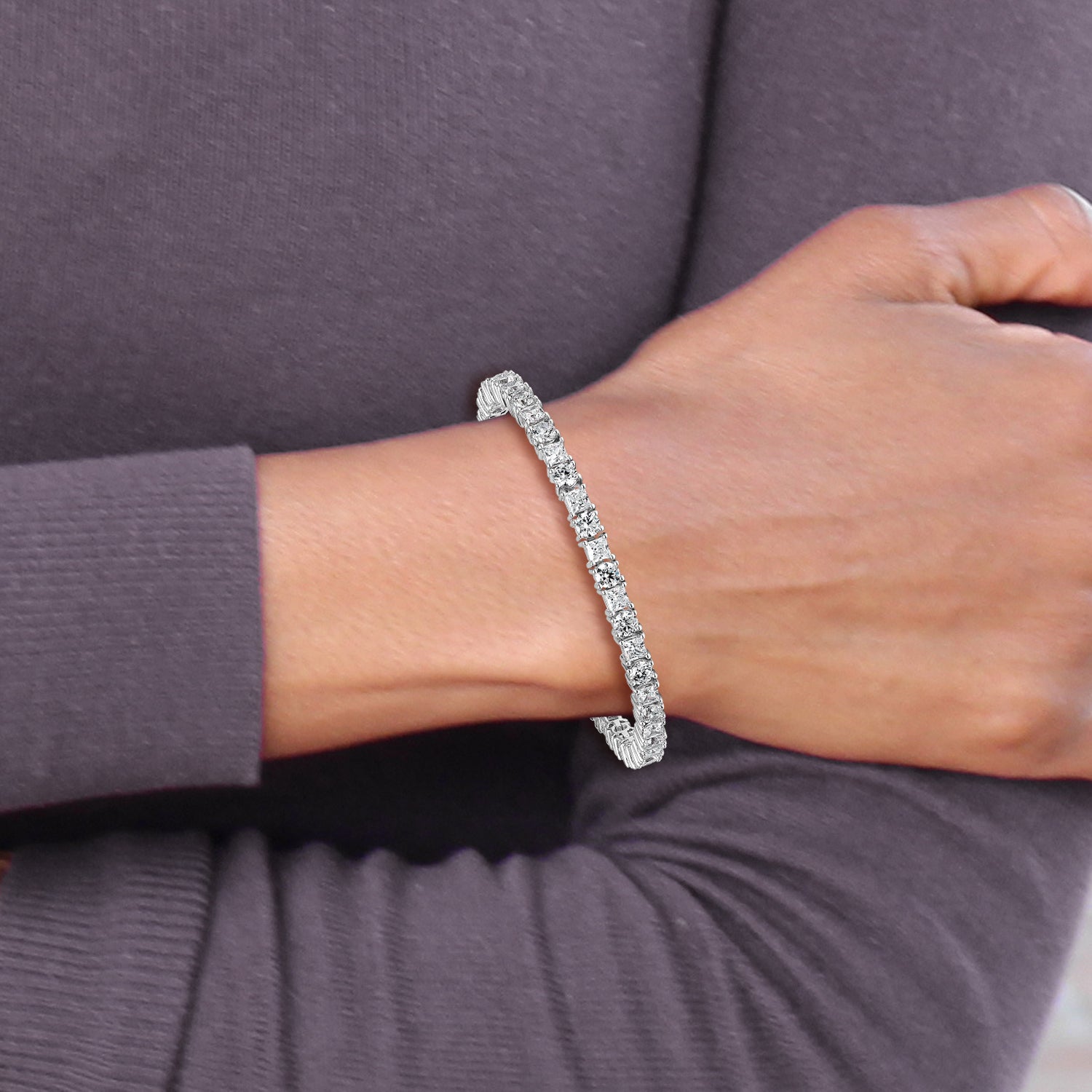 14k White Gold 10 carat Lab Grown Diamond VS/SI+ G+ Complete Princess and Round Tennis Bracelet - Sophia Jewelers