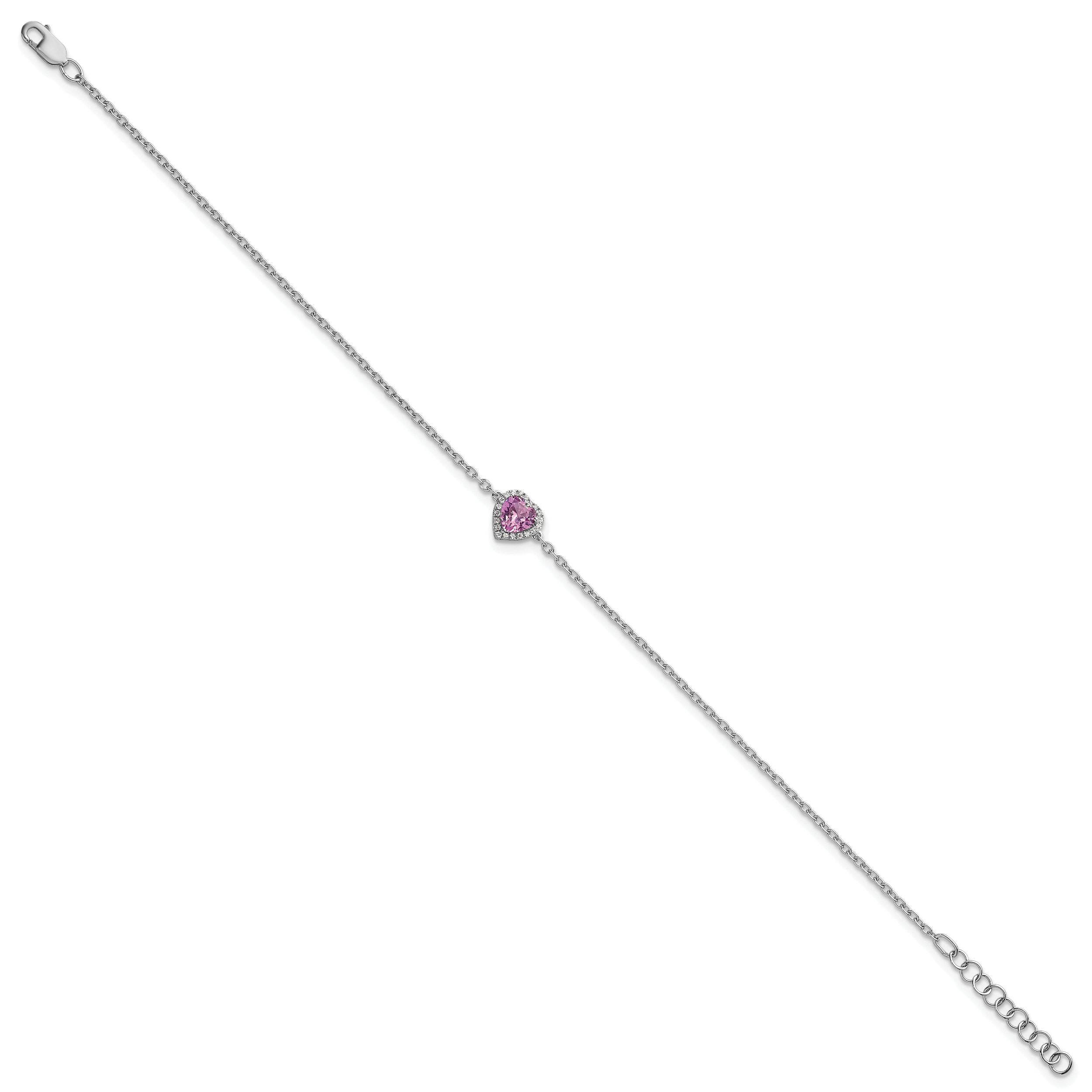 14k White Gold 1/20 carat Lab Grown Diamond VS+ F+ and Natural Pink Sapphire with 1 inch extension Halo Heart Fashion Link Bracelet