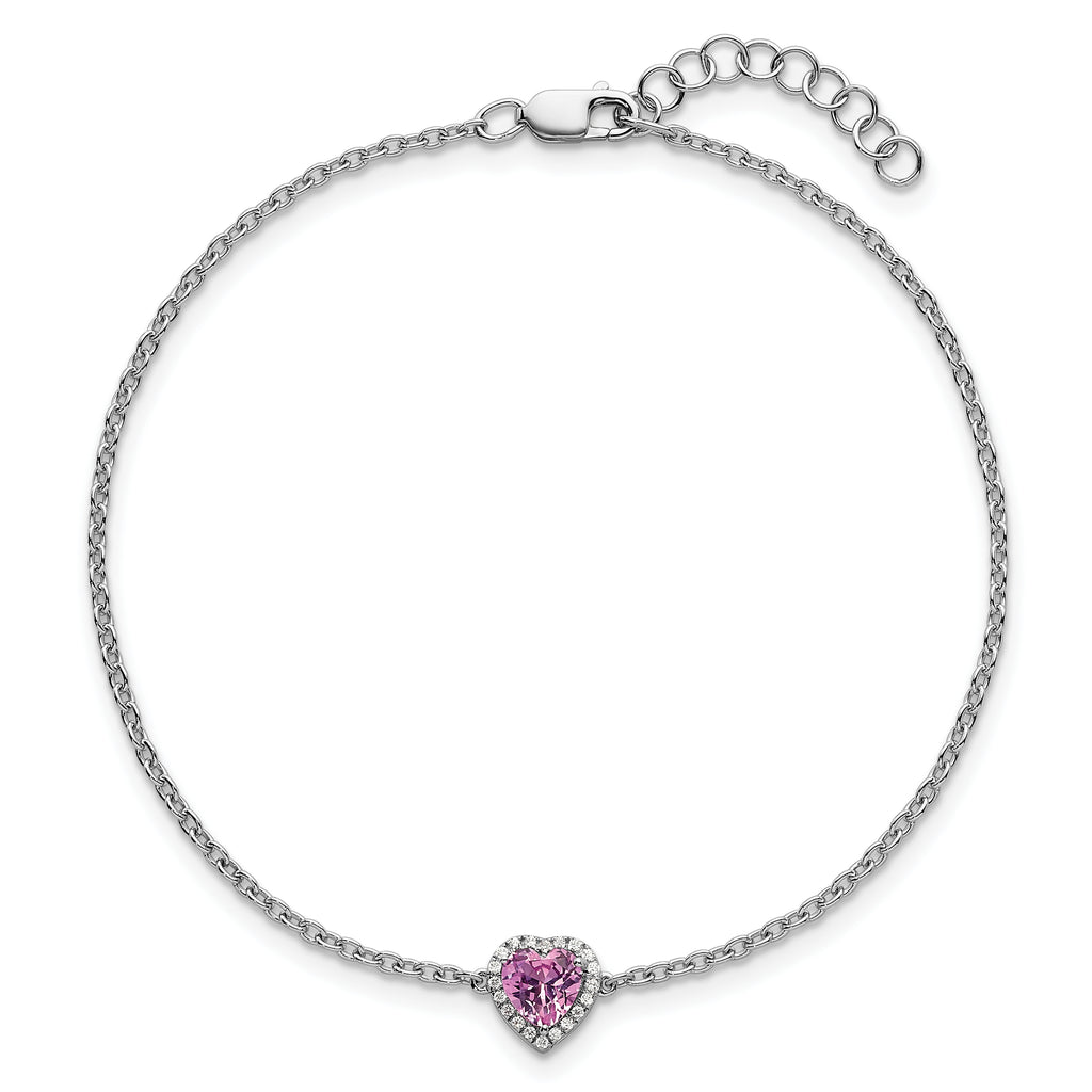 14k White Gold 1/20 carat Lab Grown Diamond VS+ F+ and Natural Pink Sapphire with 1 inch extension Halo Heart Fashion Link Bracelet