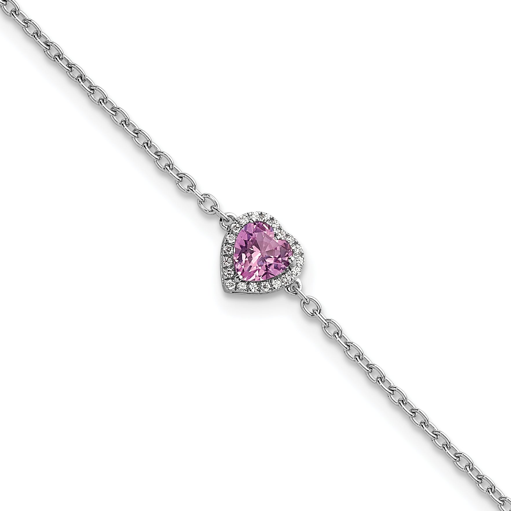 14k White Gold 1/20 carat Lab Grown Diamond VS+ F+ and Natural Pink Sapphire with 1 inch extension Halo Heart Fashion Link Bracelet
