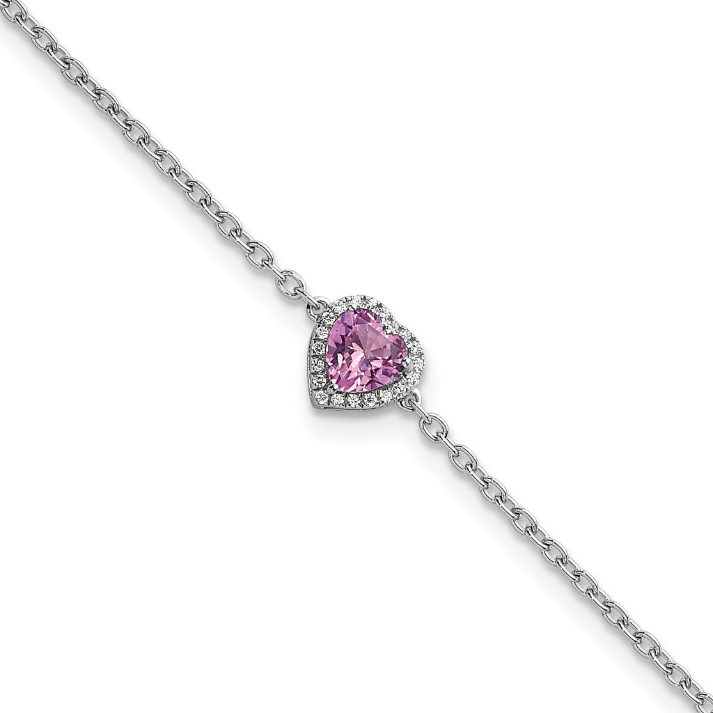 14k White Gold 1/20 carat Lab Grown Diamond VS+ F+ and Natural Pink Sapphire with 1 inch extension Halo Heart Fashion Link Bracelet