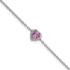 14k White Gold 1/20 carat Lab Grown Diamond VS+ F+ and Natural Pink Sapphire with 1 inch extension Halo Heart Fashion Link Bracelet