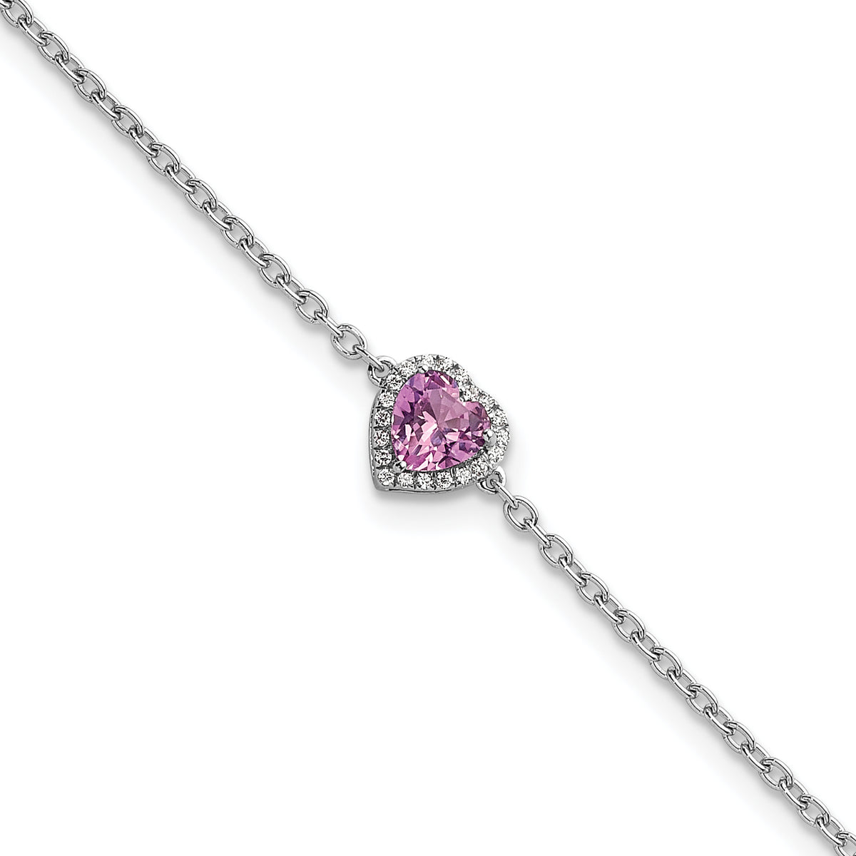 14k White Gold 1/20 carat Lab Grown Diamond VS+ F+ and Natural Pink Sapphire with 1 inch extension Halo Heart Fashion Link Bracelet