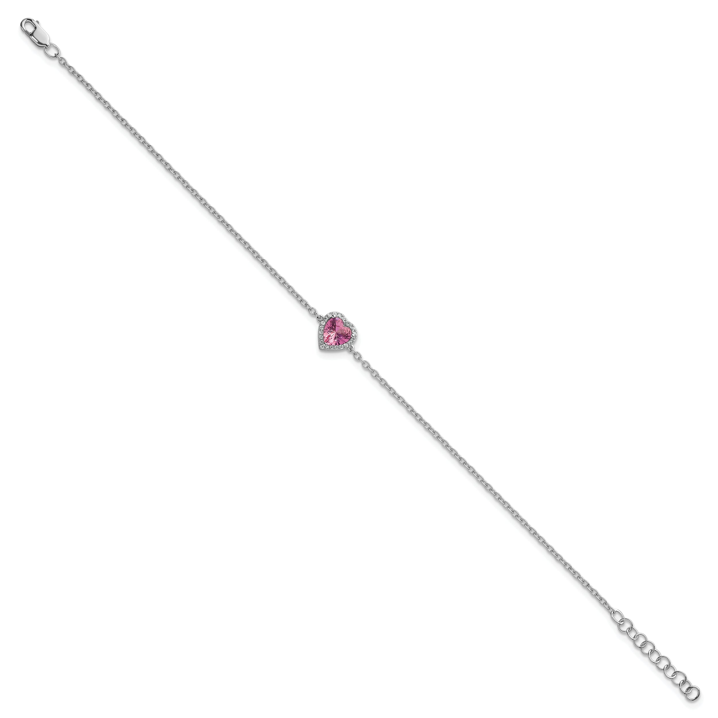 14k White Gold 1/20 carat Lab Grown Diamond VS+ F+ and Natural Pink Sapphire with 1 inch extension Halo Heart Fashion Link Bracelet
