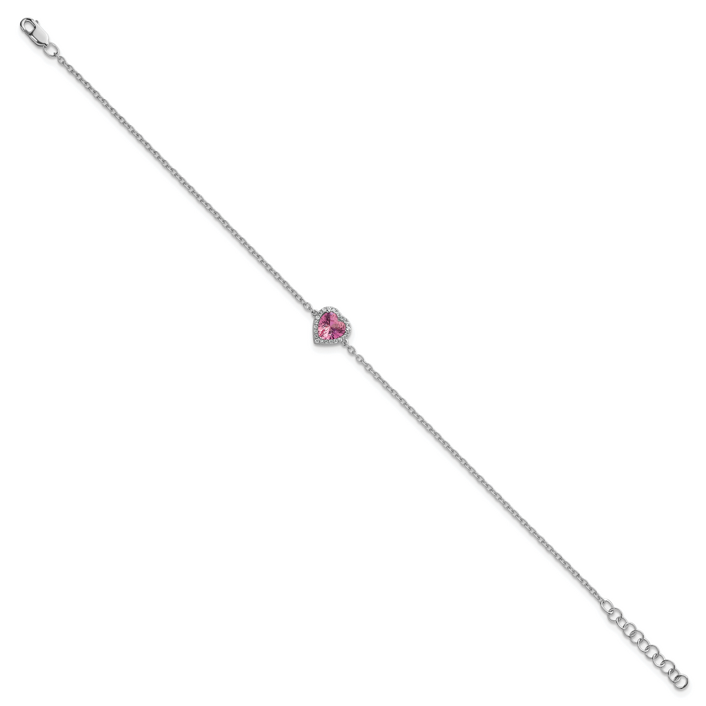 14k White Gold 1/20 carat Lab Grown Diamond VS+ F+ and Natural Pink Sapphire with 1 inch extension Halo Heart Fashion Link Bracelet