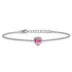 14k White Gold 1/20 carat Lab Grown Diamond VS+ F+ and Natural Pink Sapphire with 1 inch extension Halo Heart Fashion Link Bracelet