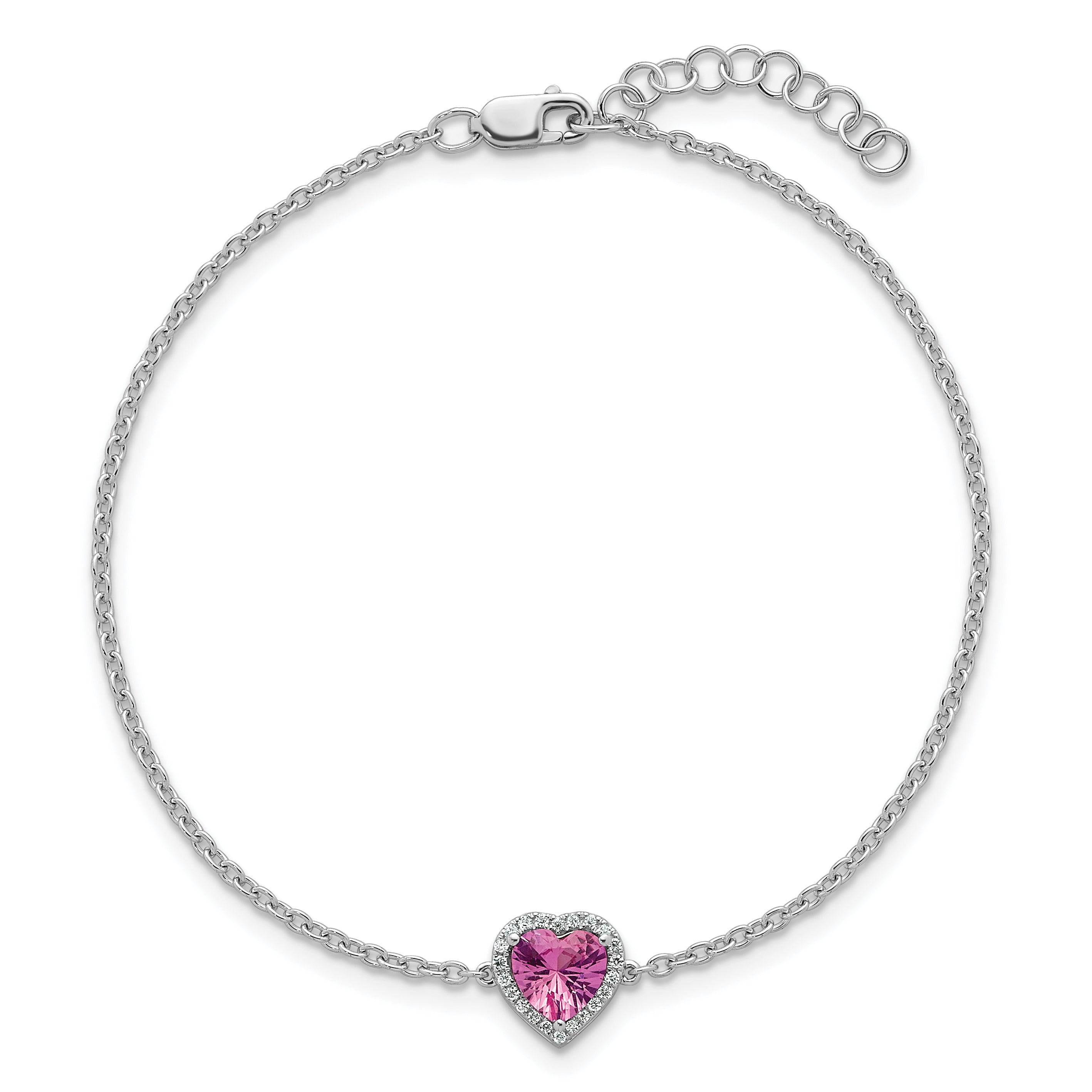14k White Gold 1/20 carat Lab Grown Diamond VS+ F+ and Natural Pink Sapphire with 1 inch extension Halo Heart Fashion Link Bracelet