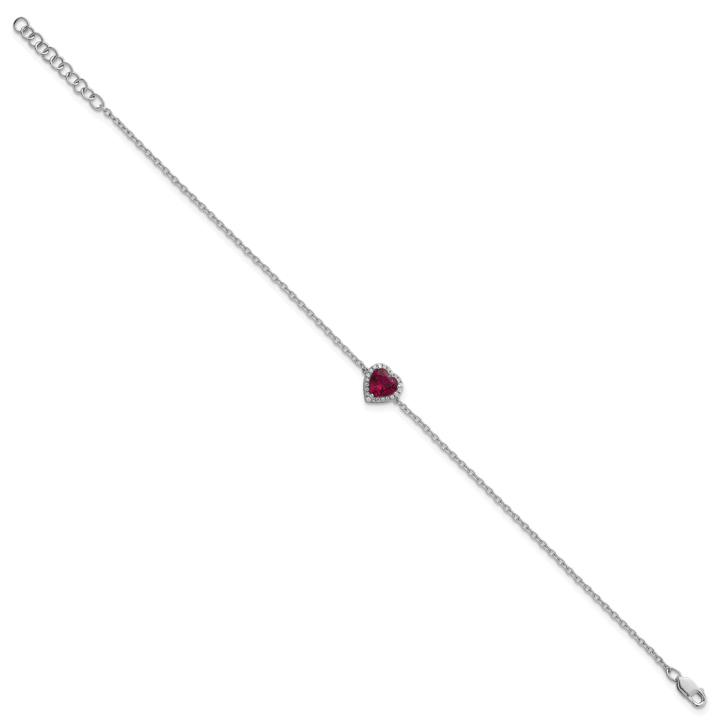 14k White Gold 1/20 carat Lab Grown Diamond VS+ F+ and Natural Ruby with 1 inch extension Halo Heart Fashion Link Bracelet Secondary image