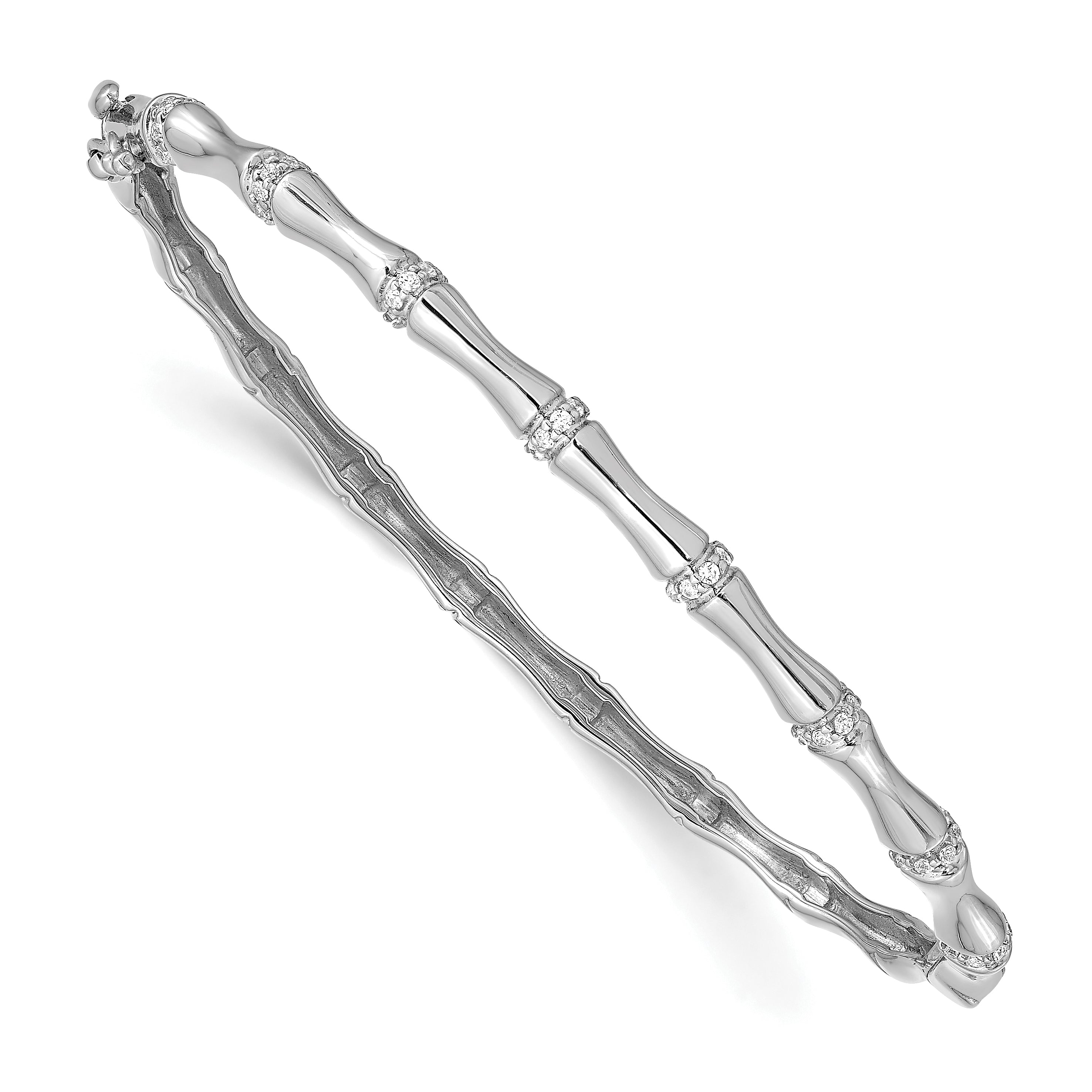 14k White Gold Bamboo Design Complete 1/4 carat Diamond Hinged Oval Bangle Bracelet Main image