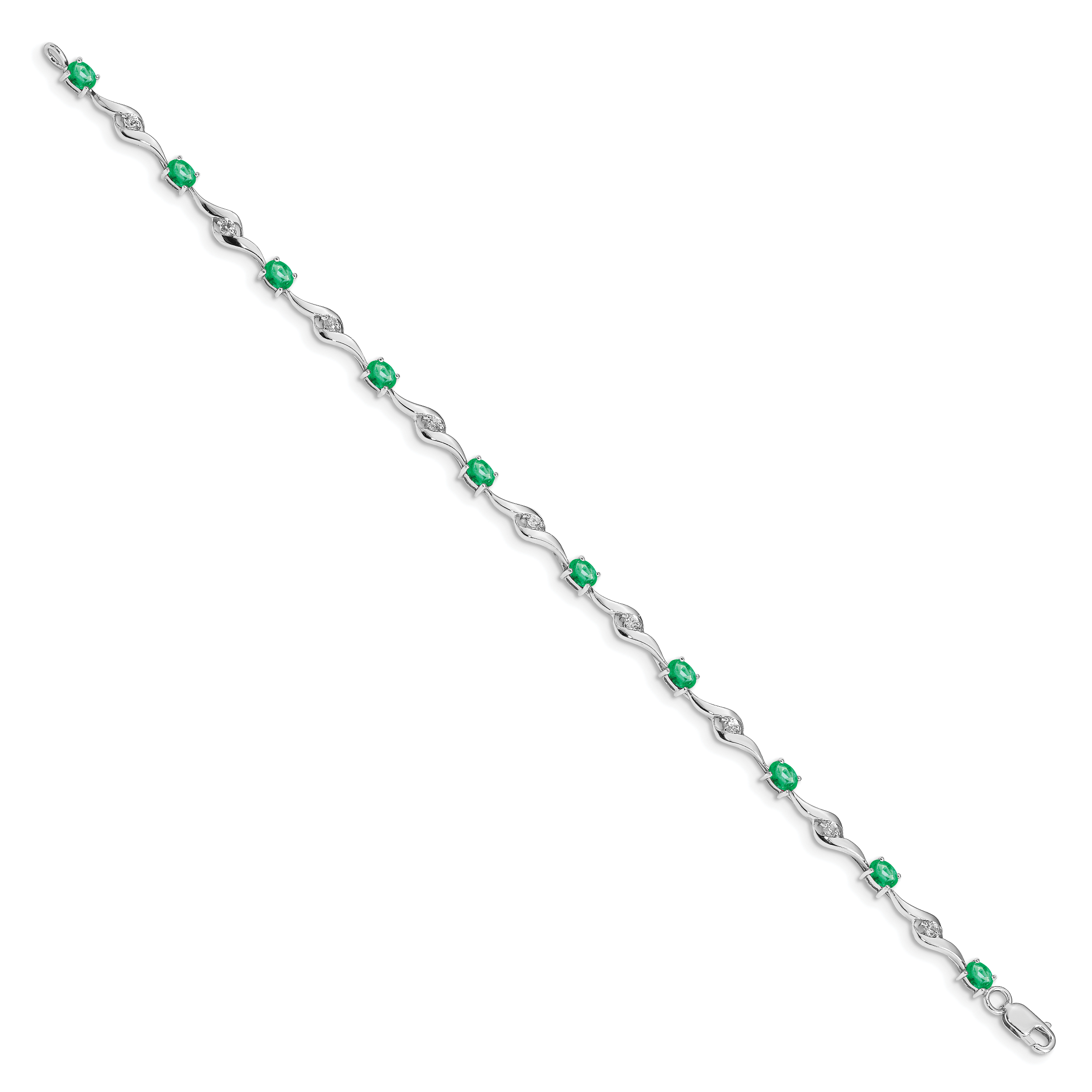 14k White Gold Complete Oval Emerald and Round White Sapphire Curved Link 7 inch Bracelet Secondary image
