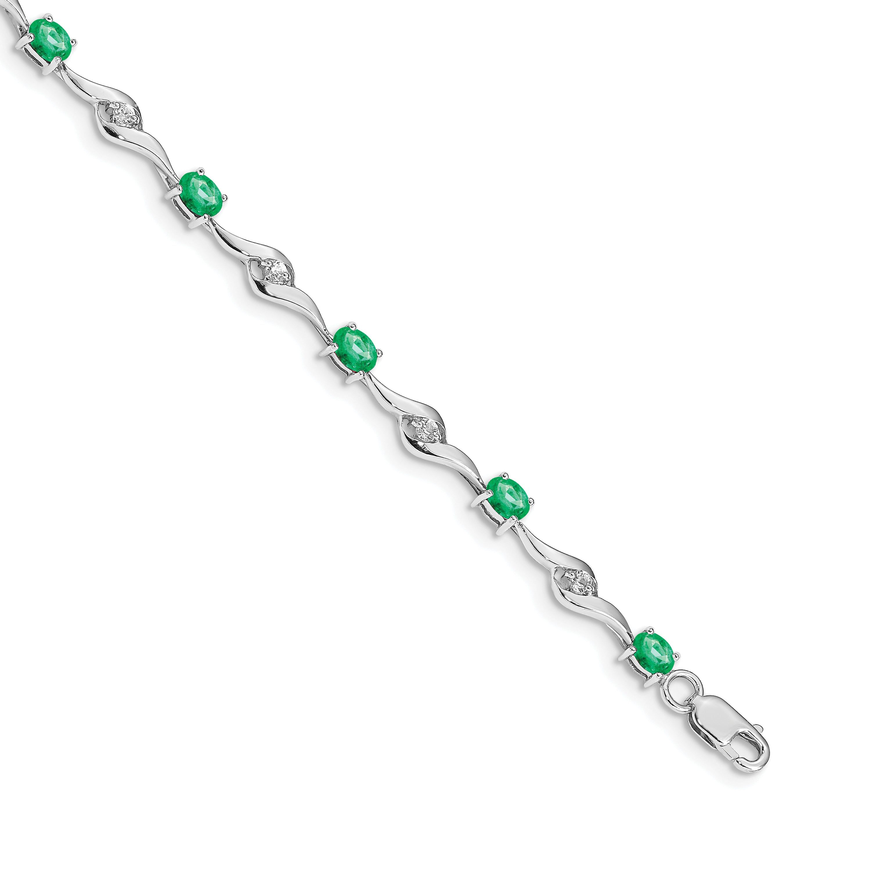 14k White Gold Complete Oval Emerald and Round White Sapphire Curved Link 7 inch Bracelet Main image